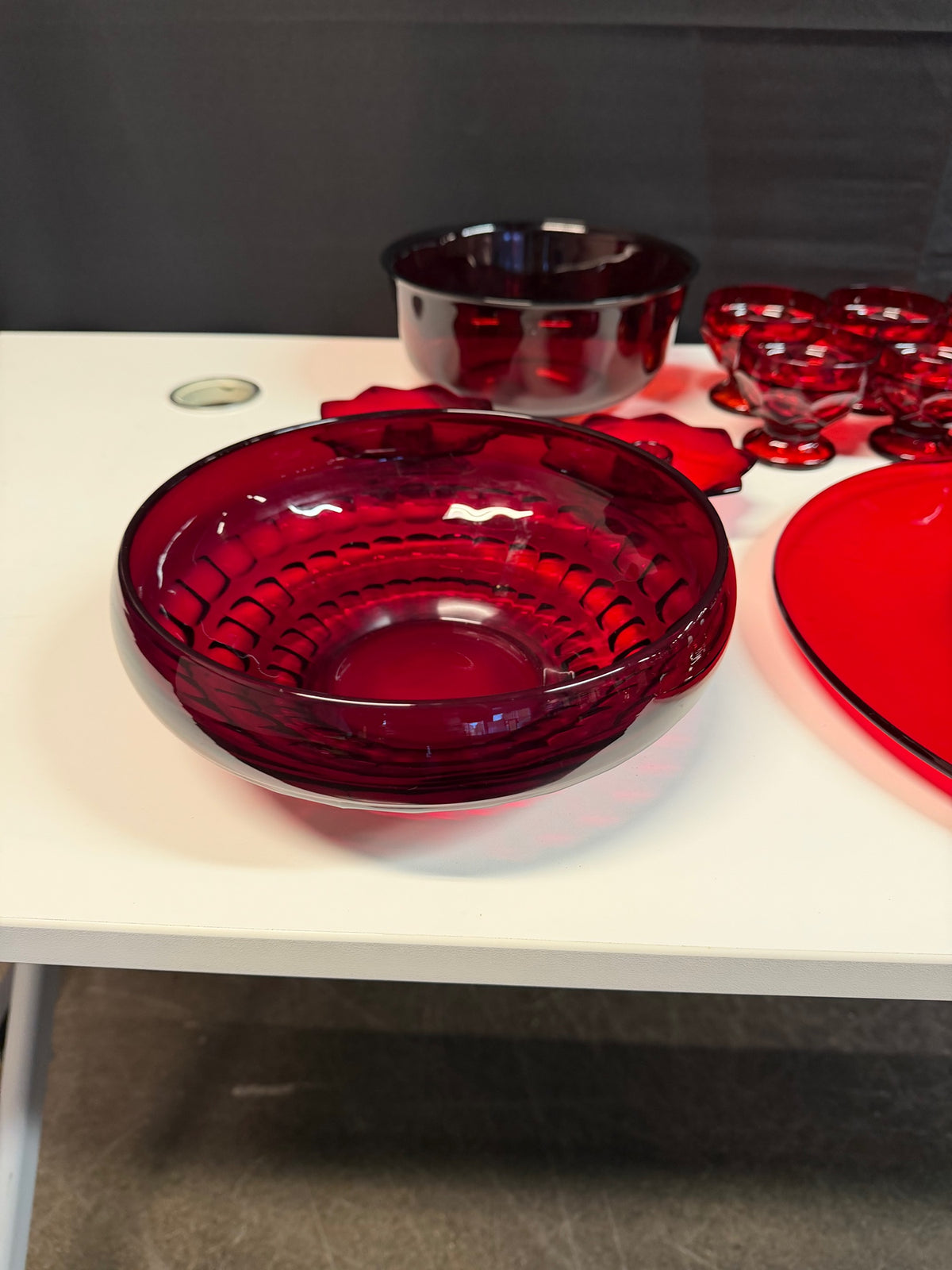 Vintage Ruby Red Glassware Set, 25 Pieces: Viking Georgian Honeycomb, Fenton Lotus & Arcoroc