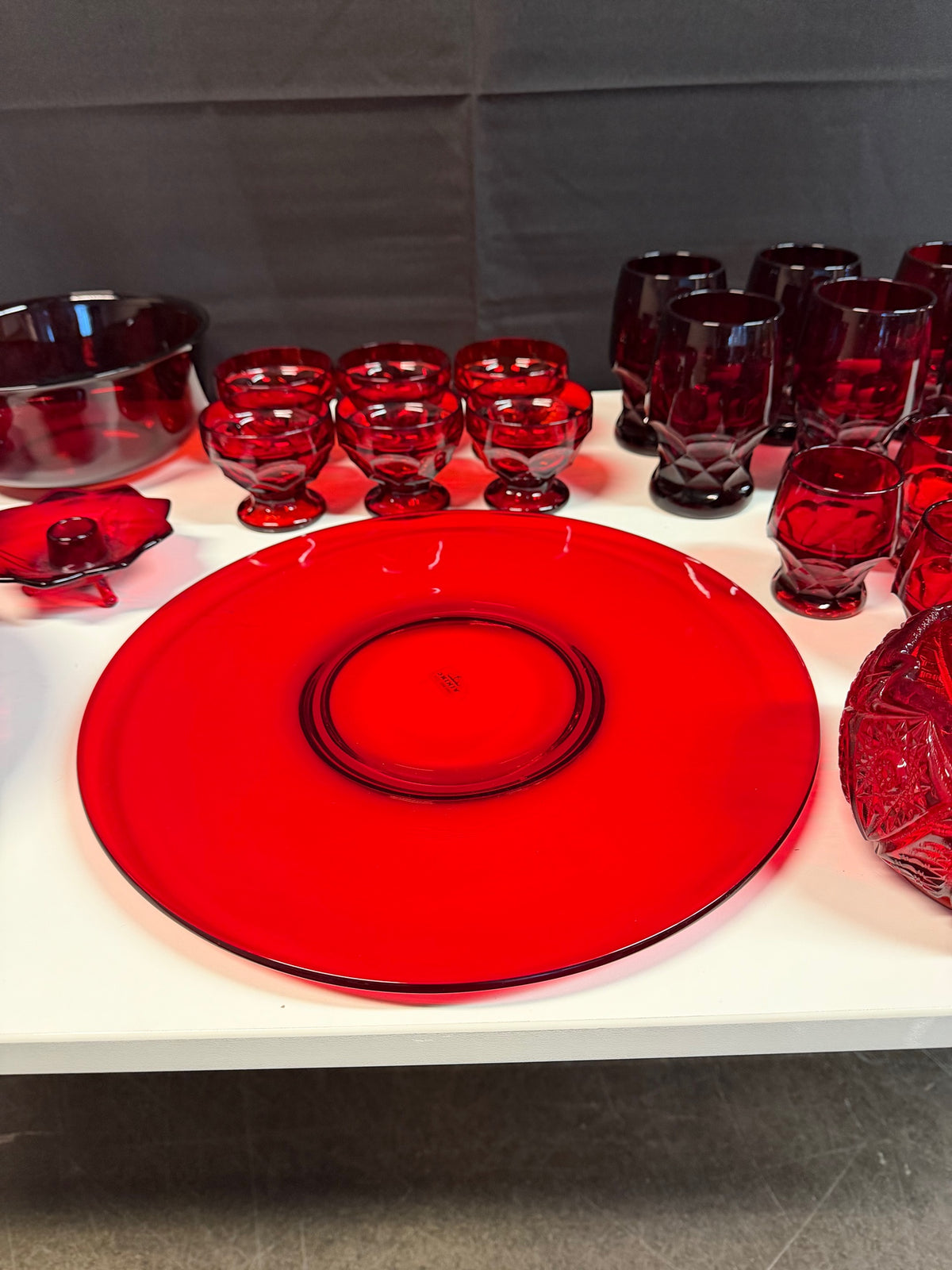 Vintage Ruby Red Glassware Set, 25 Pieces: Viking Georgian Honeycomb, Fenton Lotus & Arcoroc