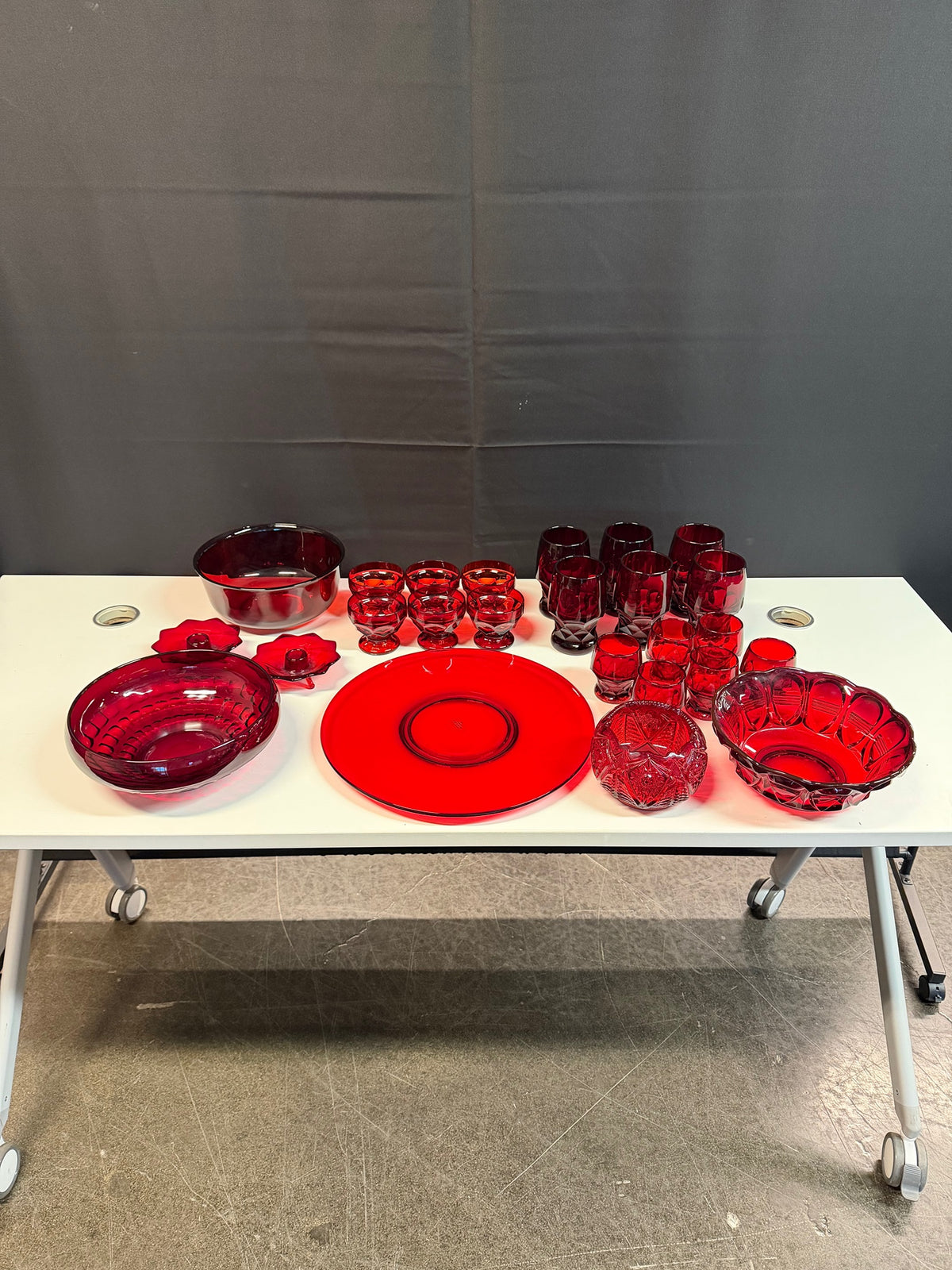 Vintage Ruby Red Glassware Set, 25 Pieces: Viking Georgian Honeycomb, Fenton Lotus & Arcoroc