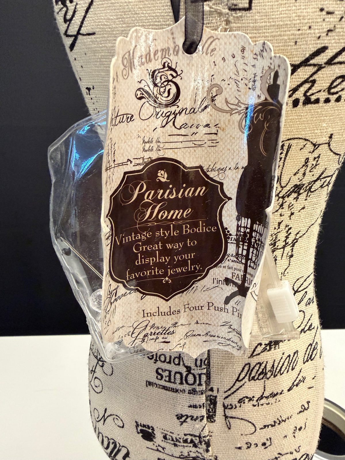 Parisian Home Vintage Style Fabric Mannequin / Jewelry Stand with French Script