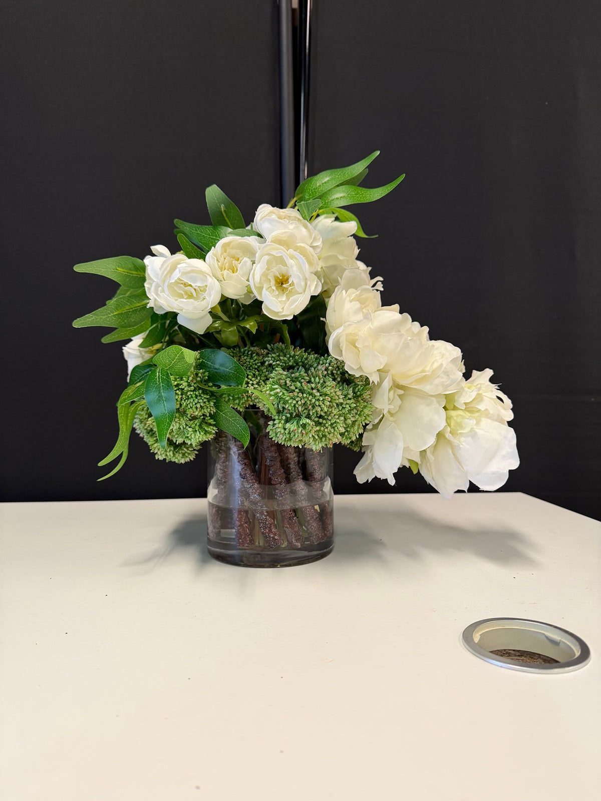 Lush White Artificial Flower Arrangement in Glass Vase
