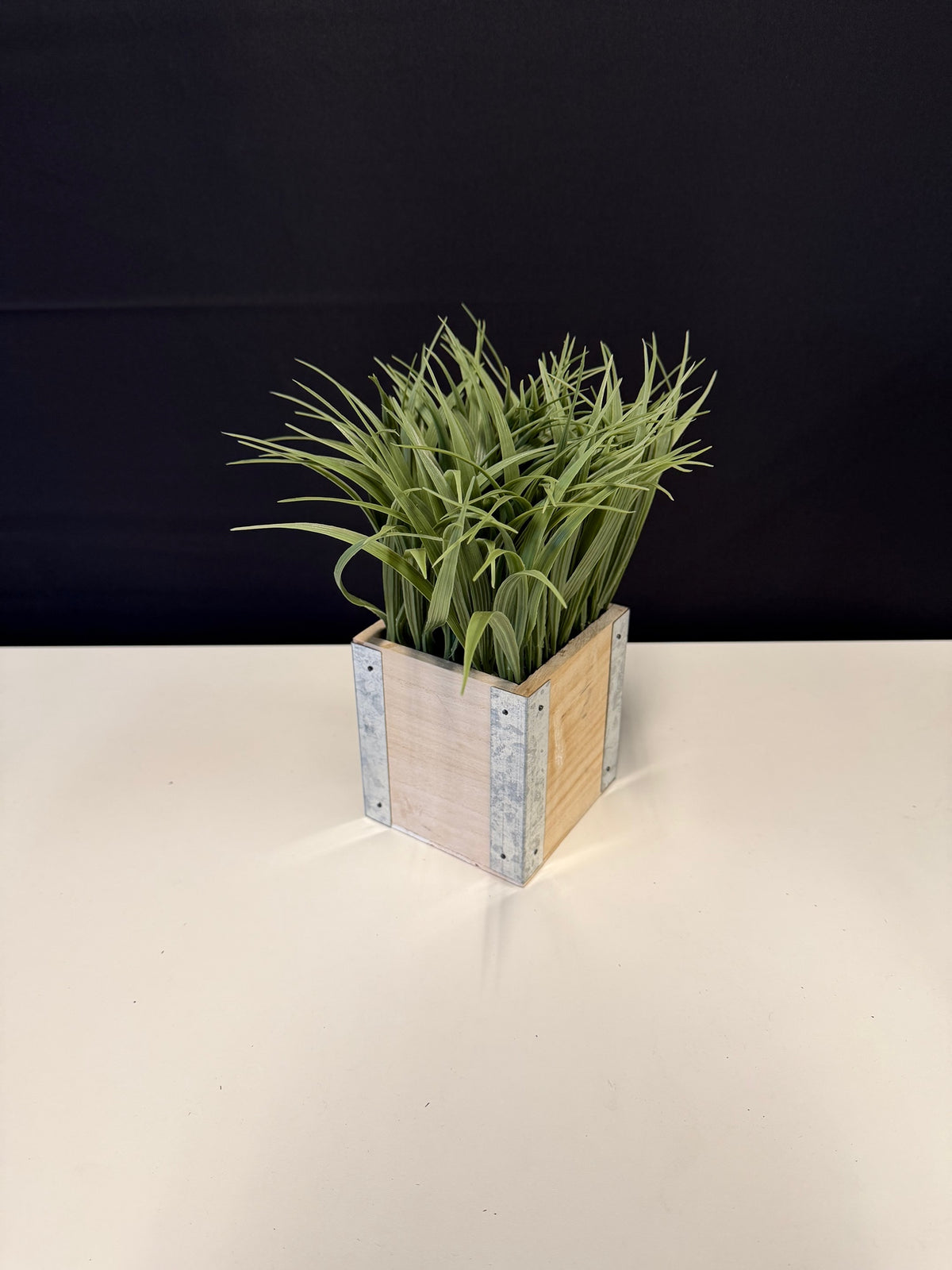 Faux Green Grass Plant in Wood and Metal Planter