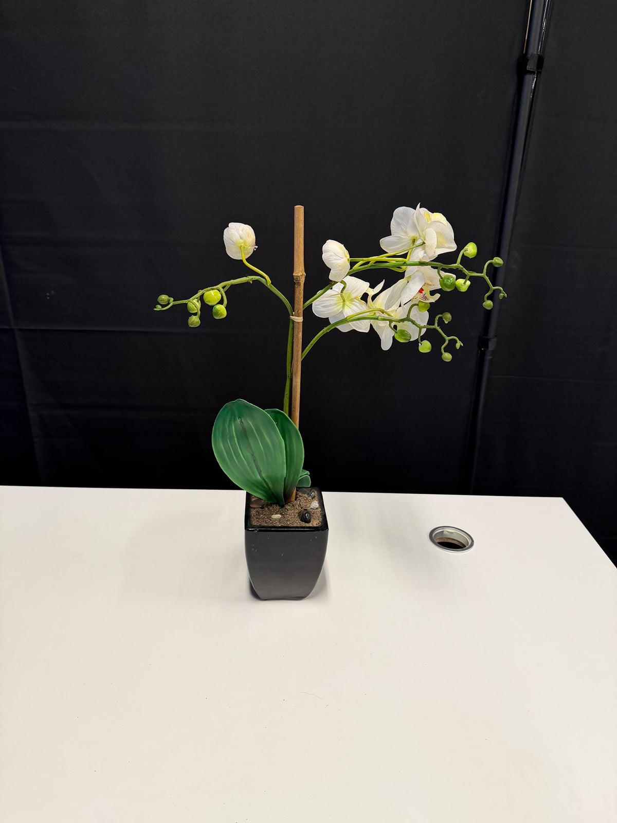 White Faux Orchid Artificial Plant in Black Pot