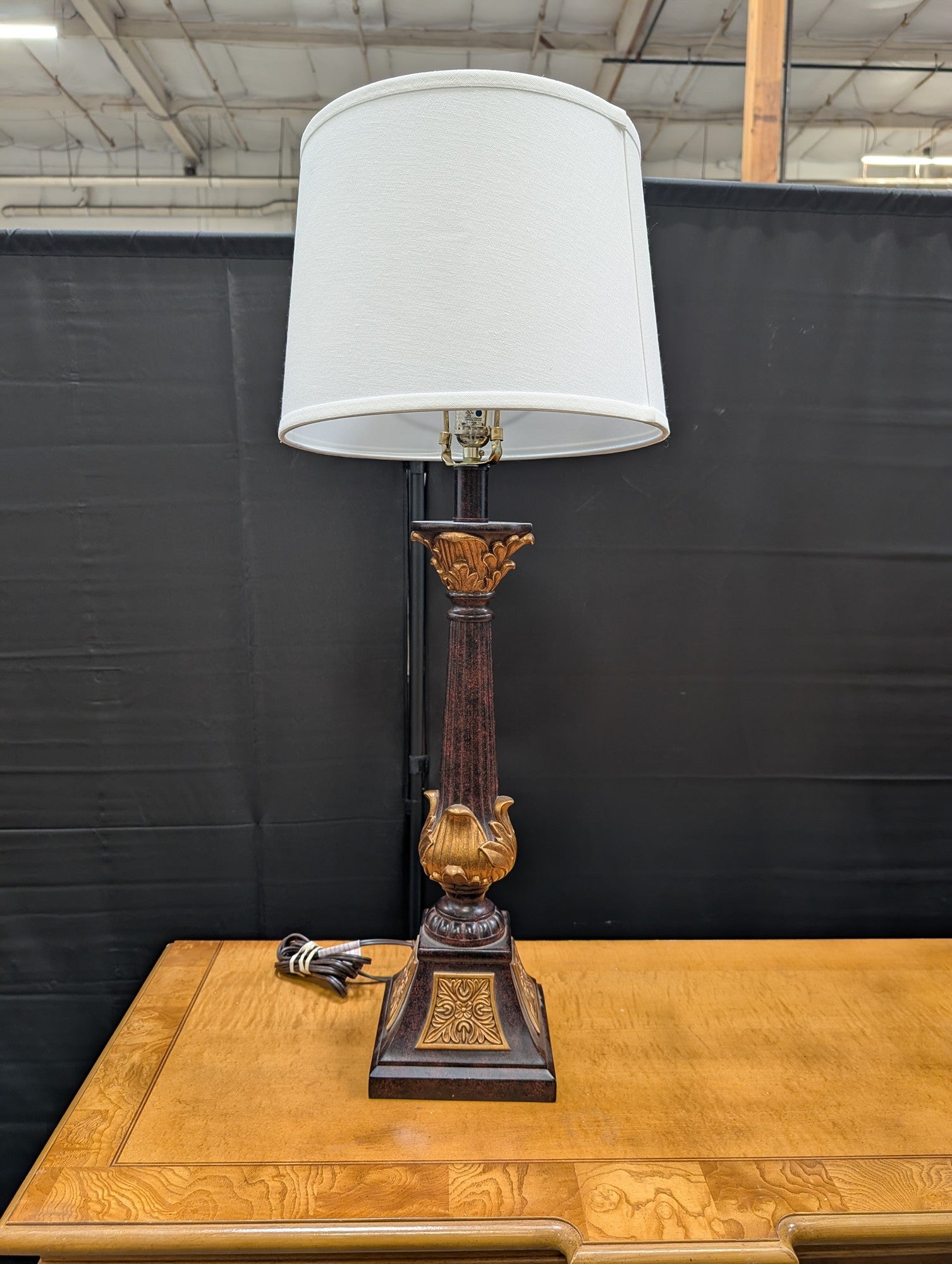 Ornate Traditional Table Lamp with Gold Accents and White Shade
