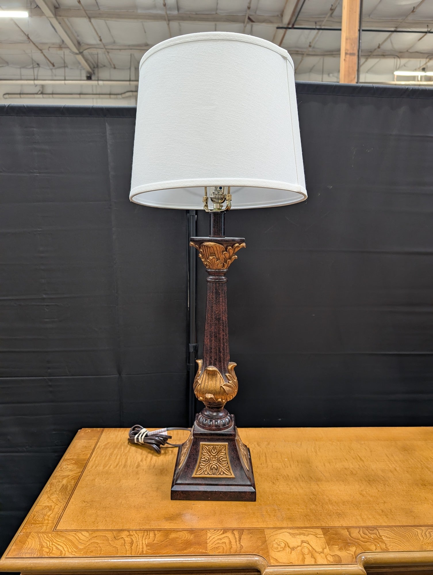 Ornate Traditional Table Lamp with Gold Accents and White Shade