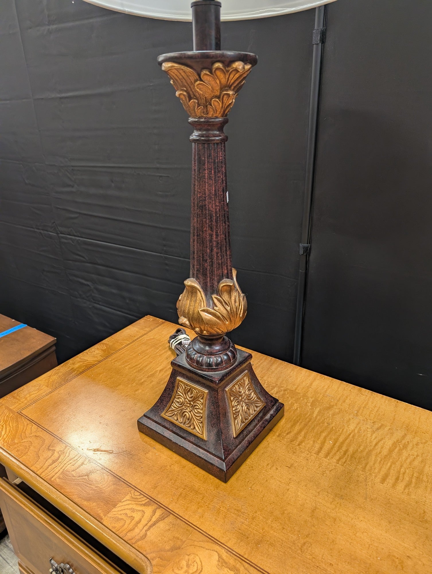 Ornate Traditional Table Lamp with Gold Accents and White Shade
