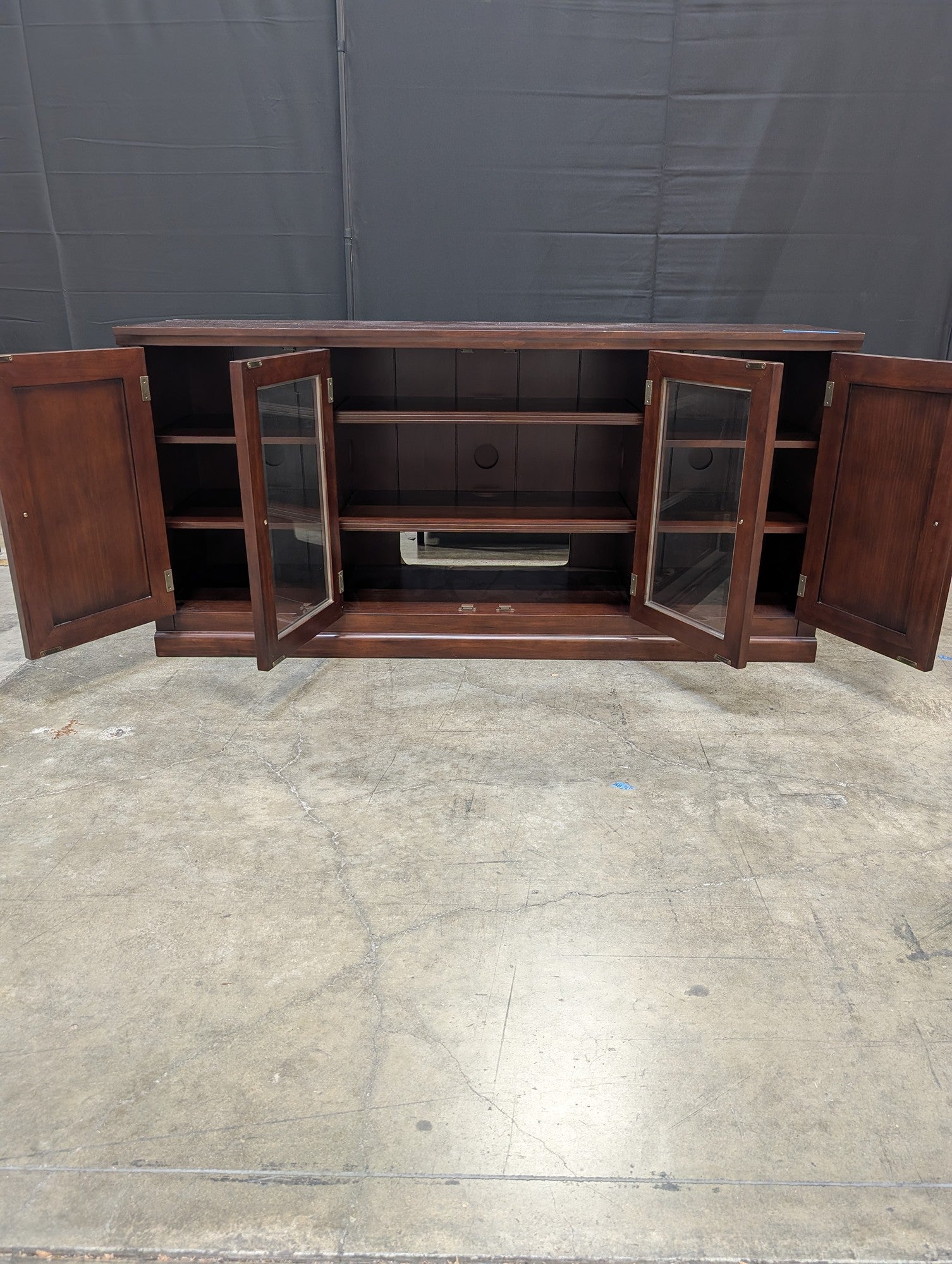 Traditional Brown Wood TV Stand with Glass Doors
