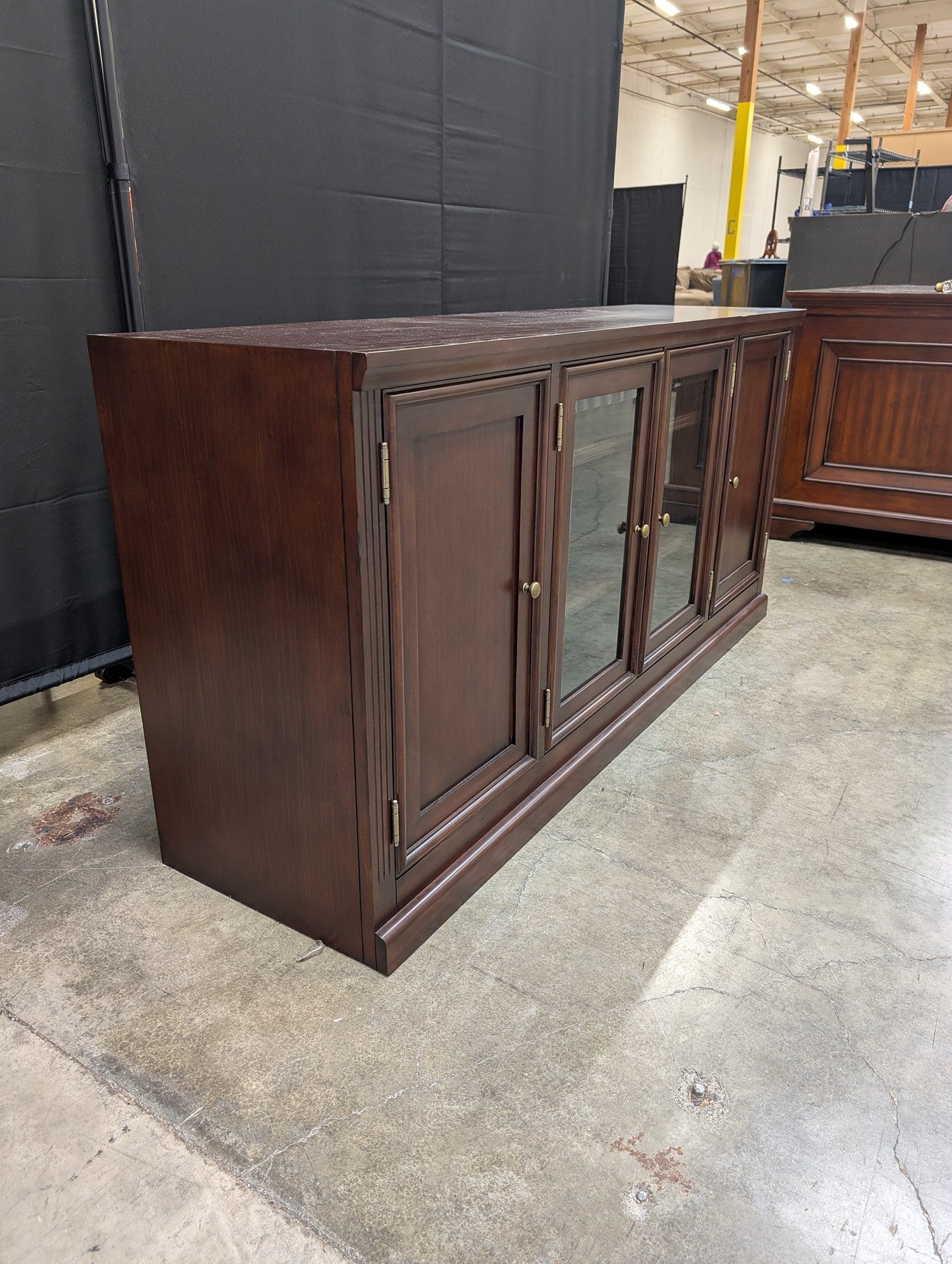 Traditional Brown Wood TV Stand with Glass Doors