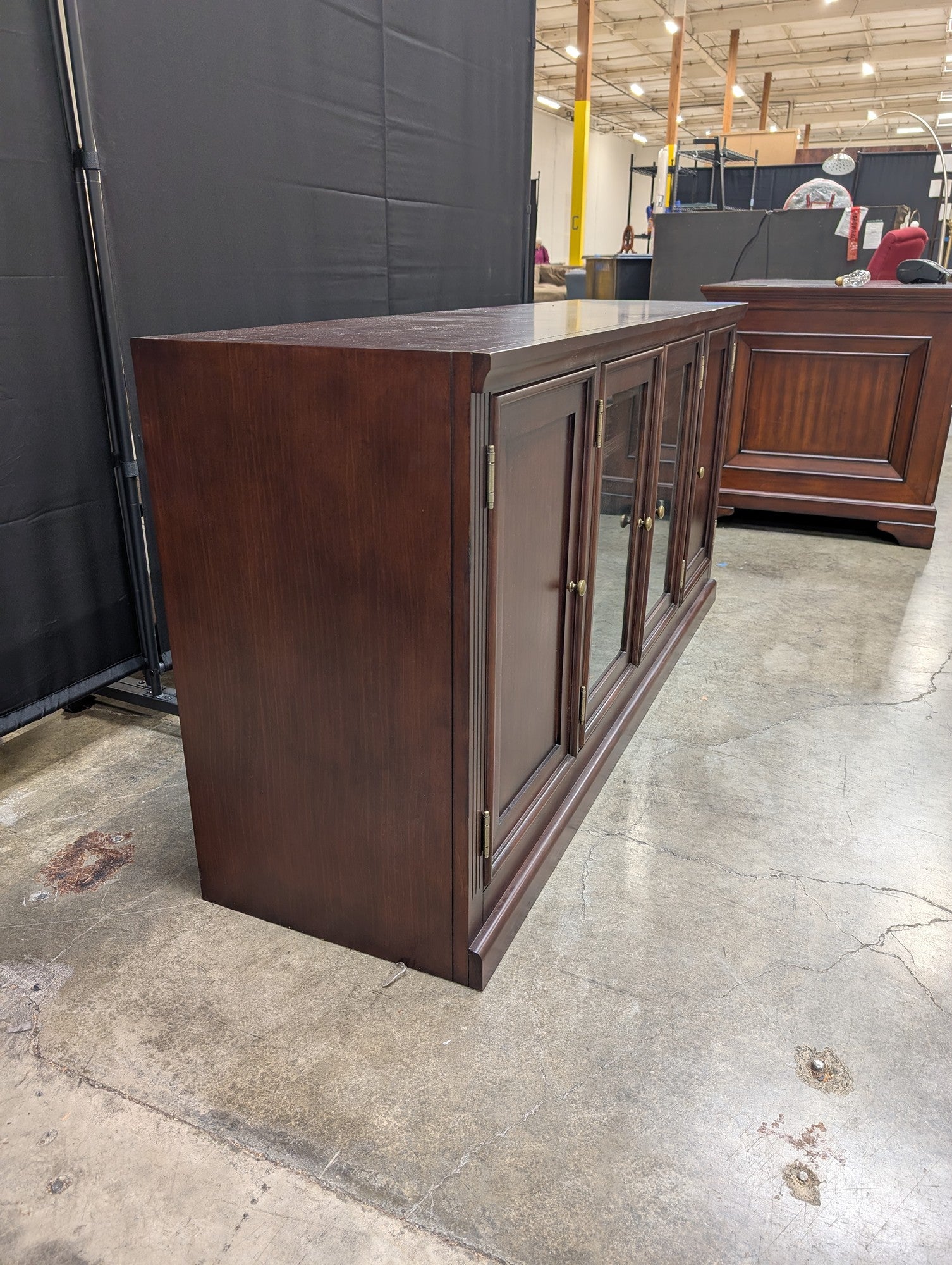 Traditional Brown Wood TV Stand with Glass Doors