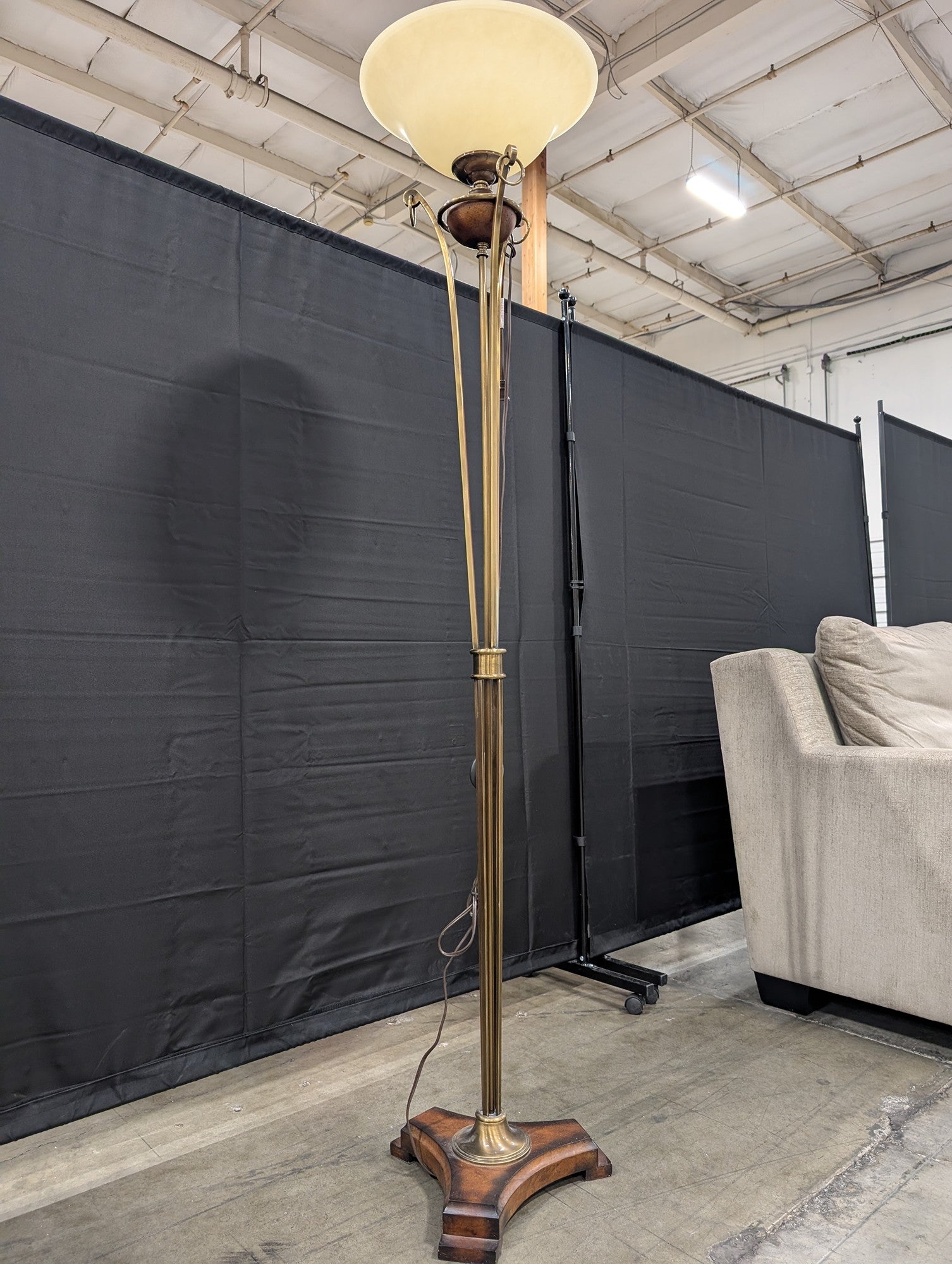 Brass Torchiere Floor Lamp with Wood Base