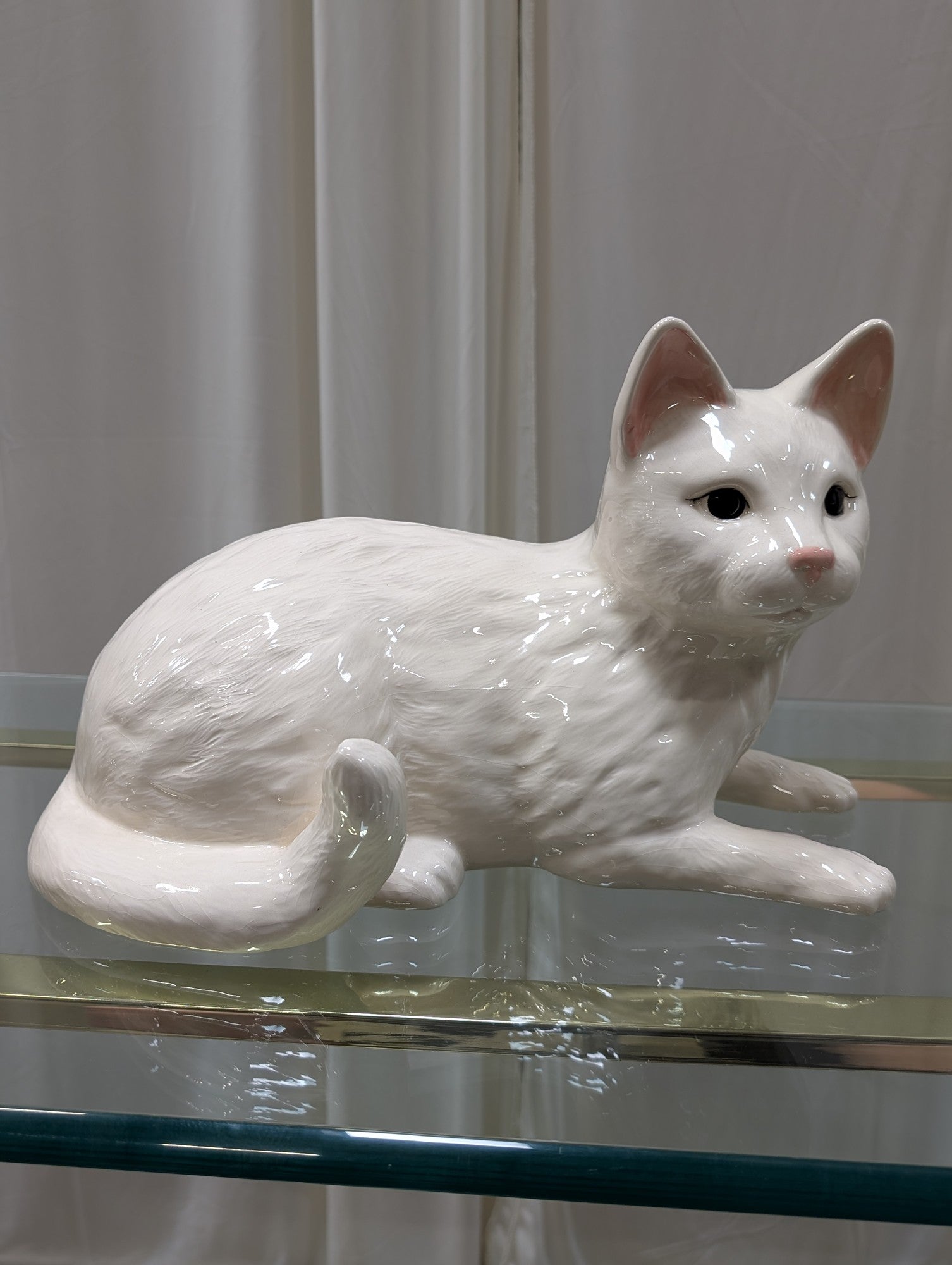 Reclining Cat Figurine in White Ceramic