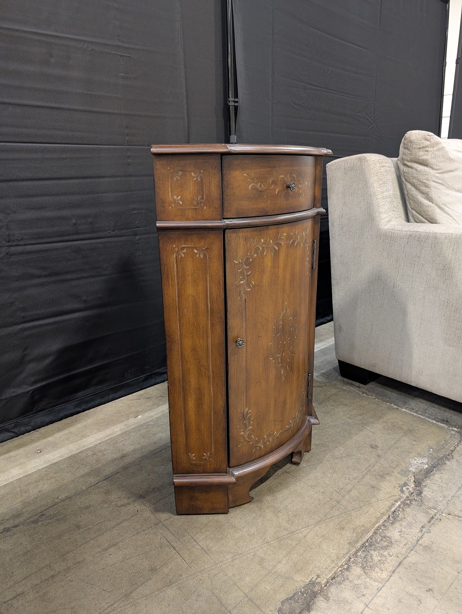 Traditional Stenciled Wood Corner Cabinet with Drawer