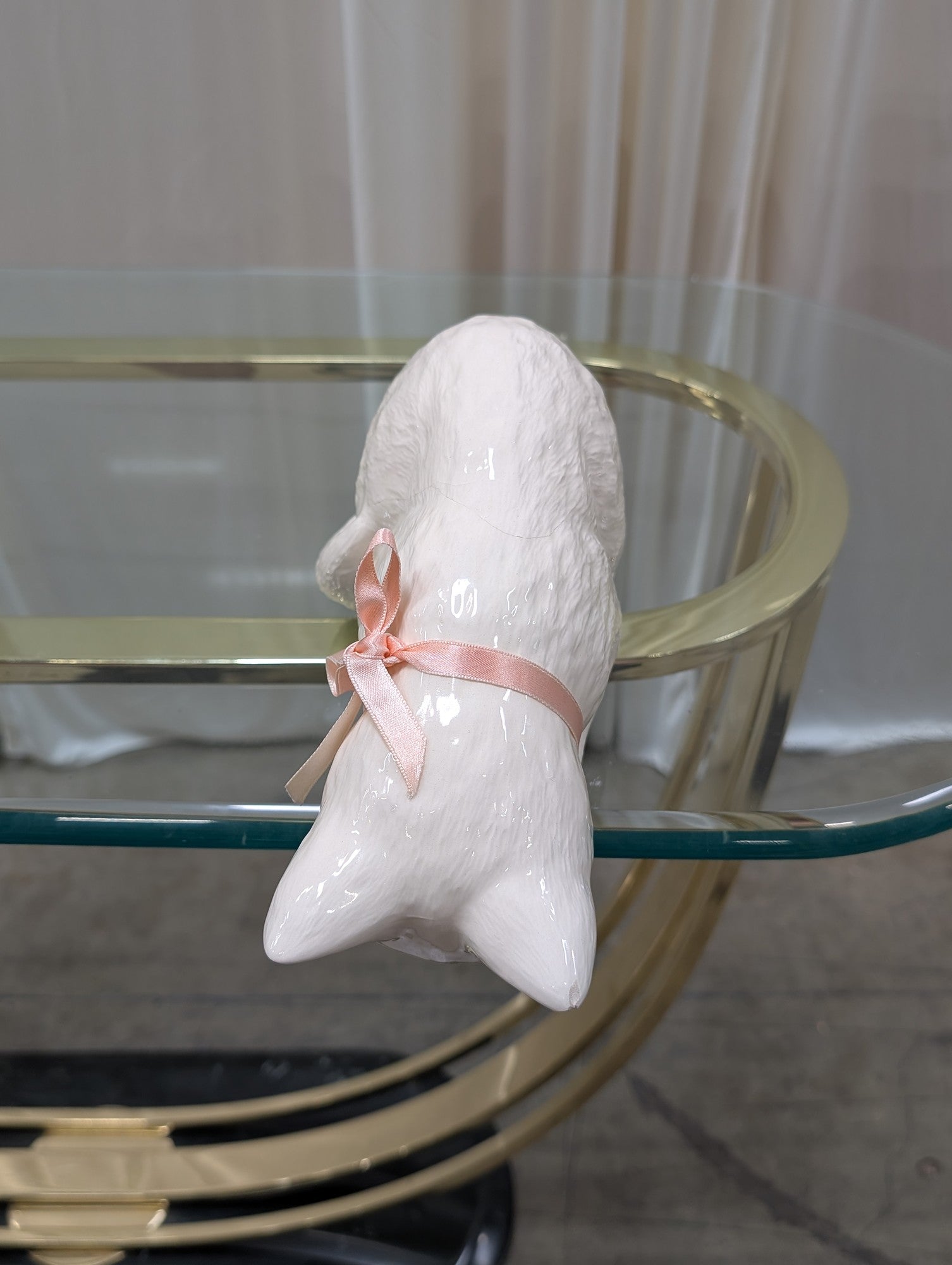 White Ceramic Cat Figurine with Pink Ribbon