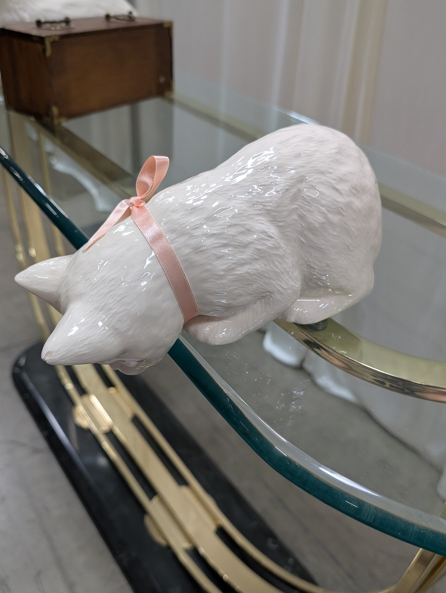 White Ceramic Cat Figurine with Pink Ribbon