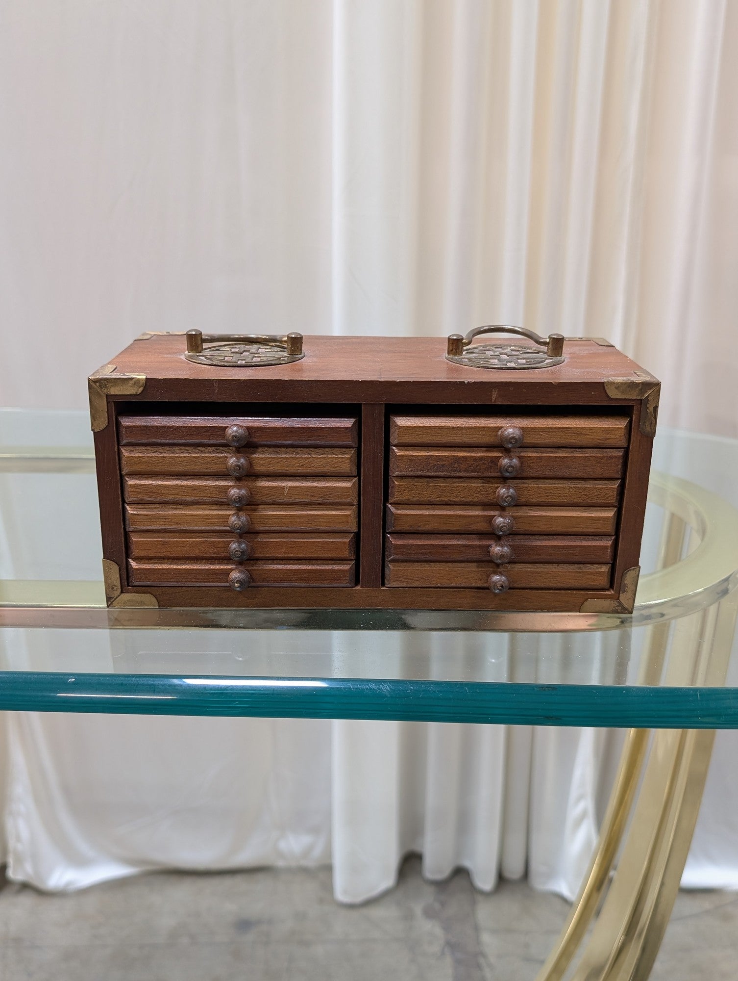 Vintage Brass-Cornered Wood Coaster Set with Handles