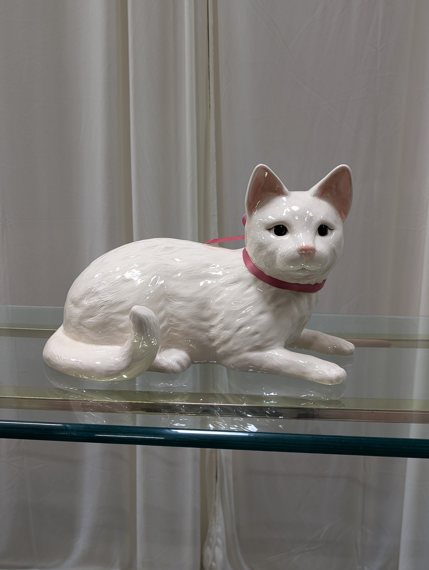 Reclining Cat Figurine in White Ceramic