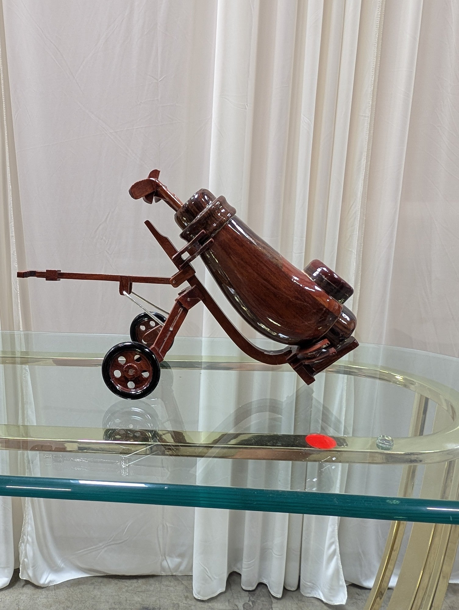 Vintage Wooden Golf Cart Figurine in Mahogany Finish