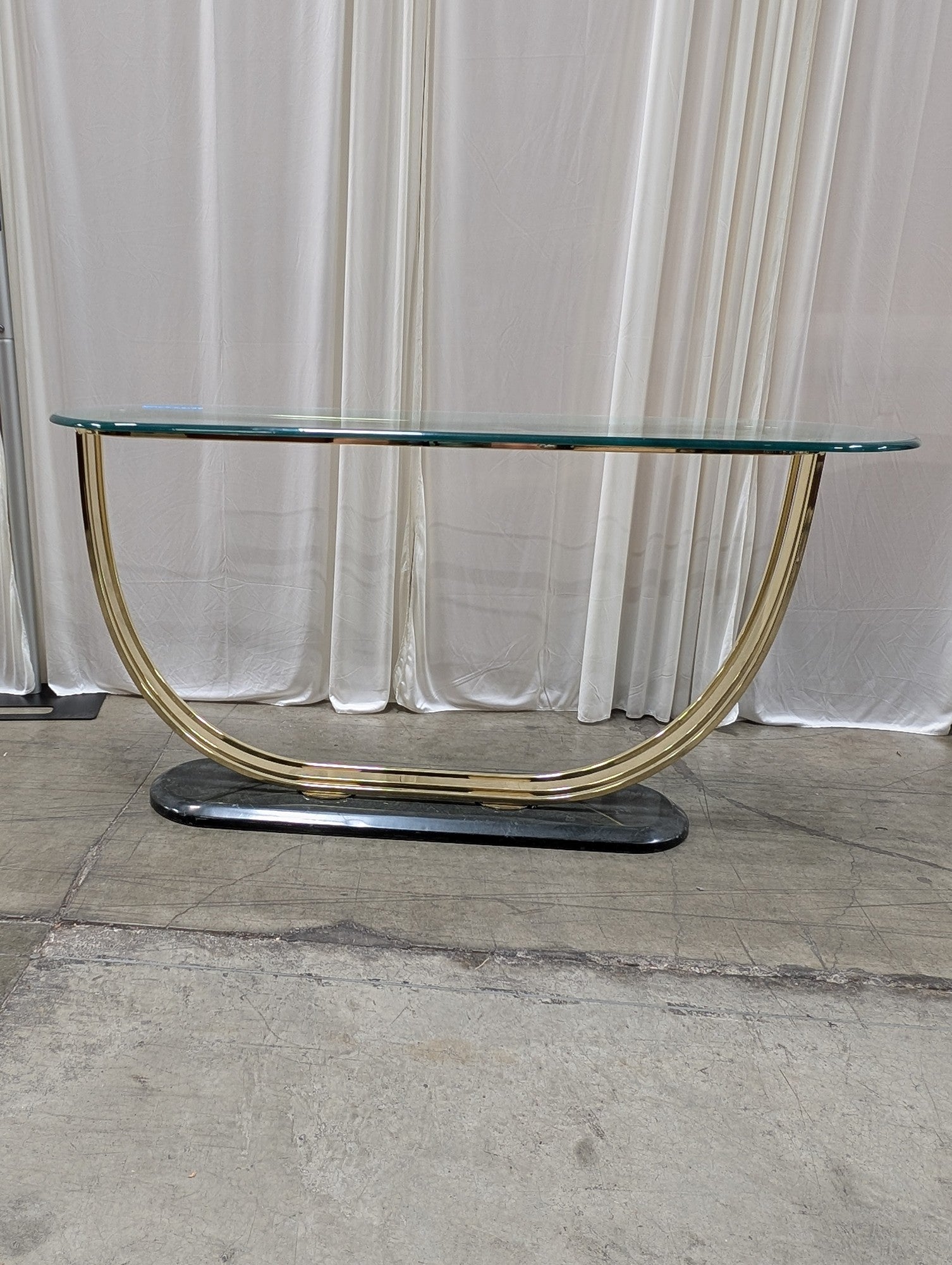 Oval Glass Brass U-Base Console Table
