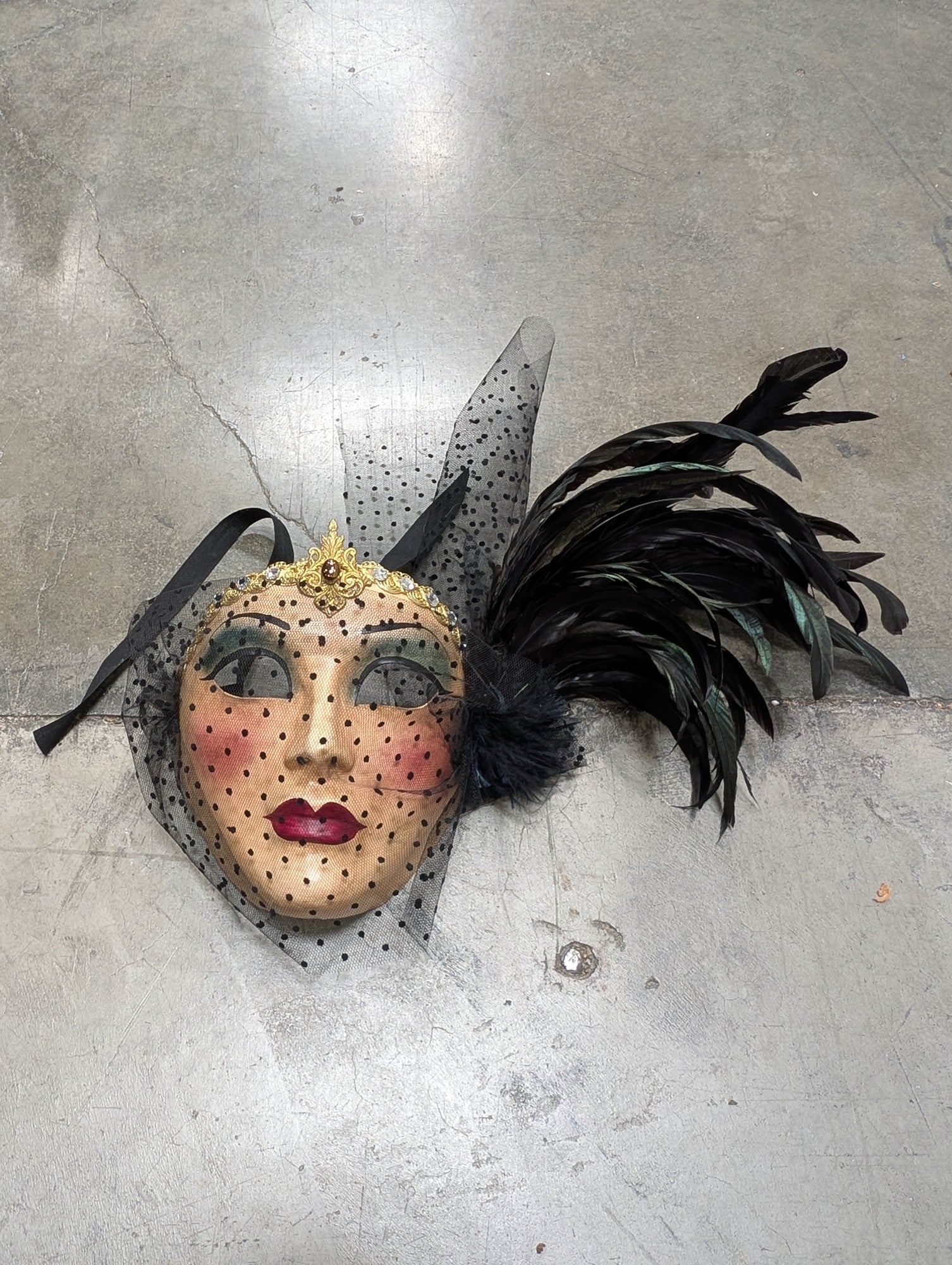 Italian Hand-Painted Venetian Masquerade Mask with Feathers