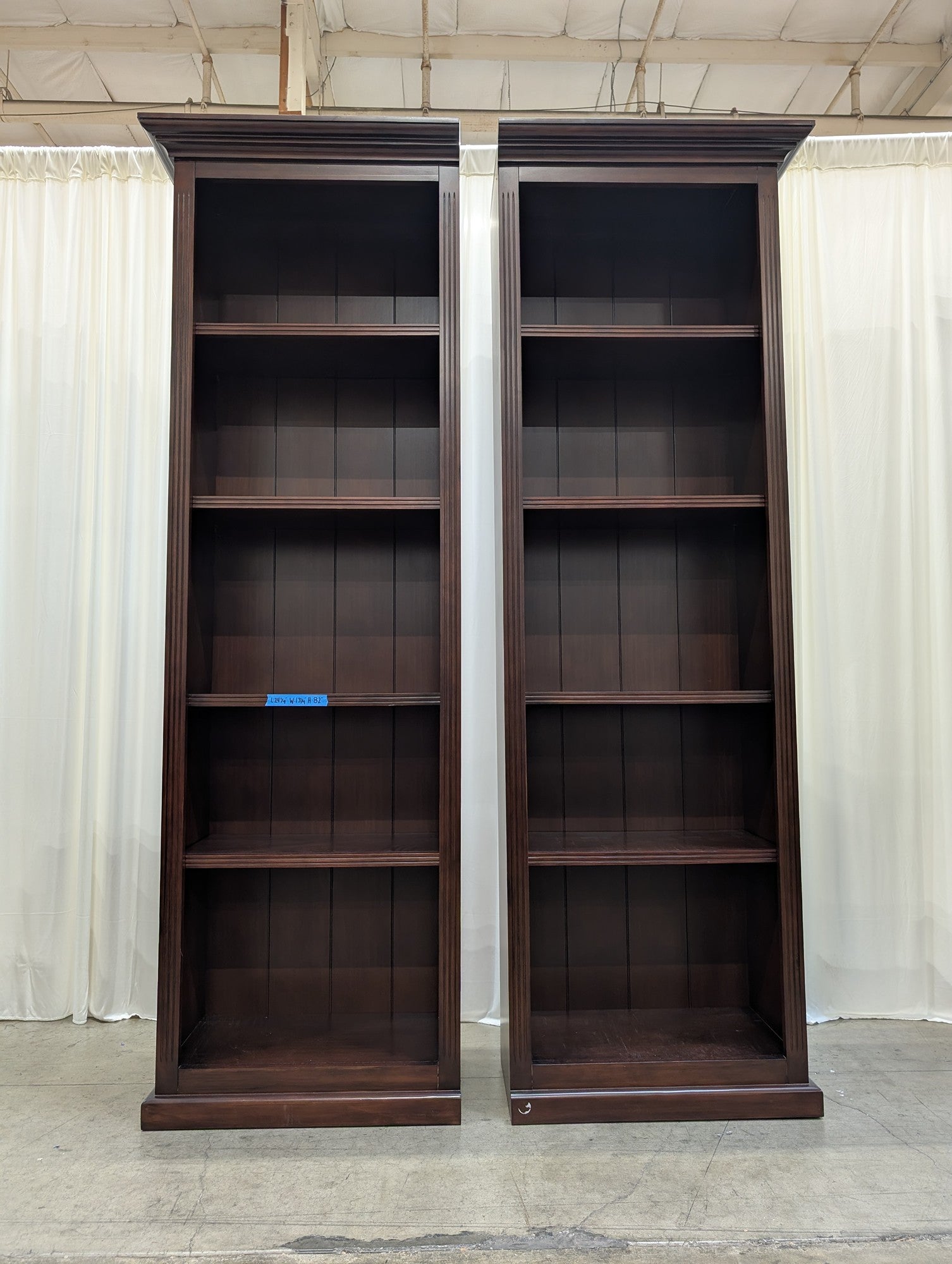 Pair of Dark Brown Wood Bookcase with Crown Molding