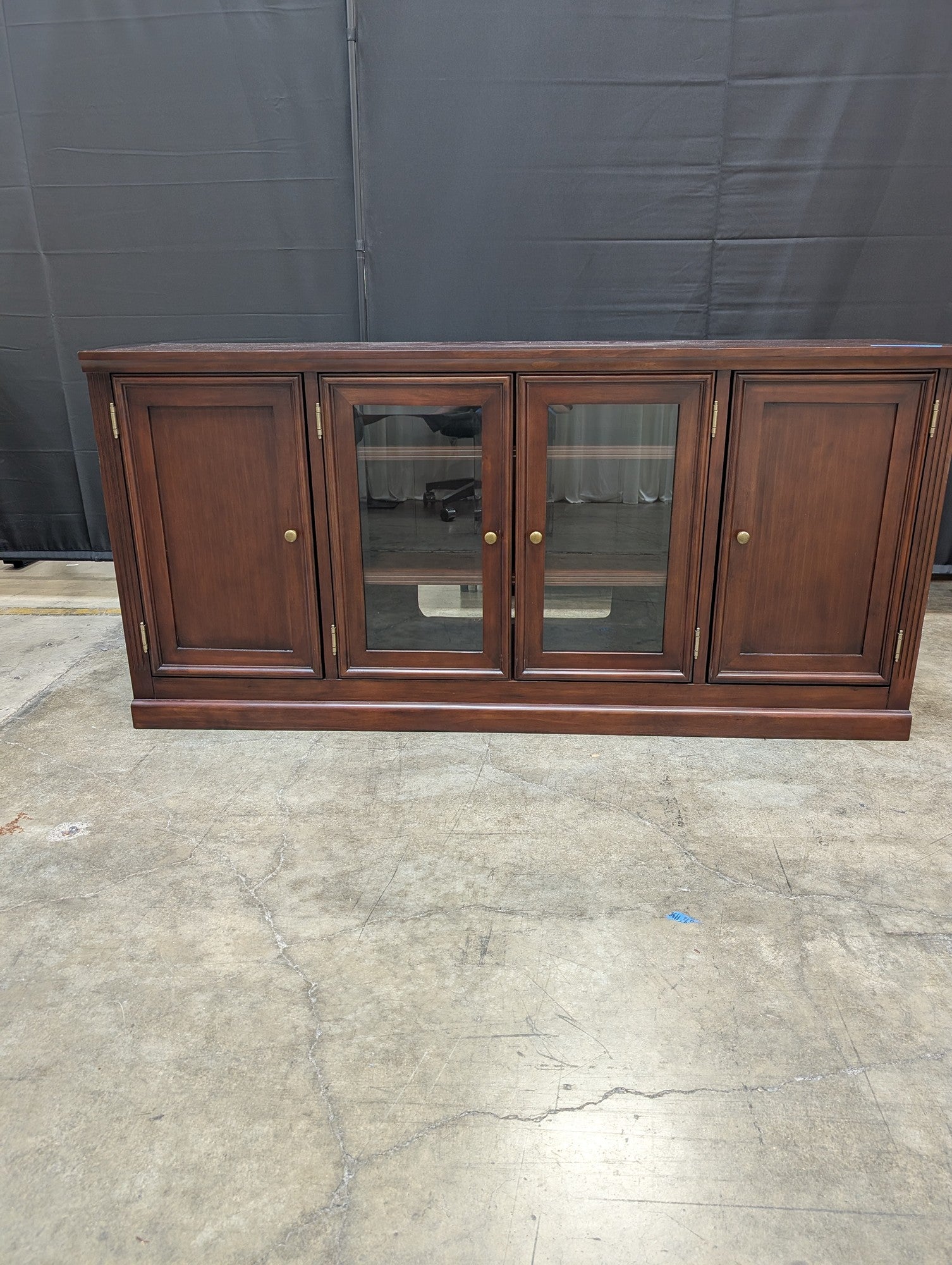 Traditional Brown Wood TV Stand with Glass Doors