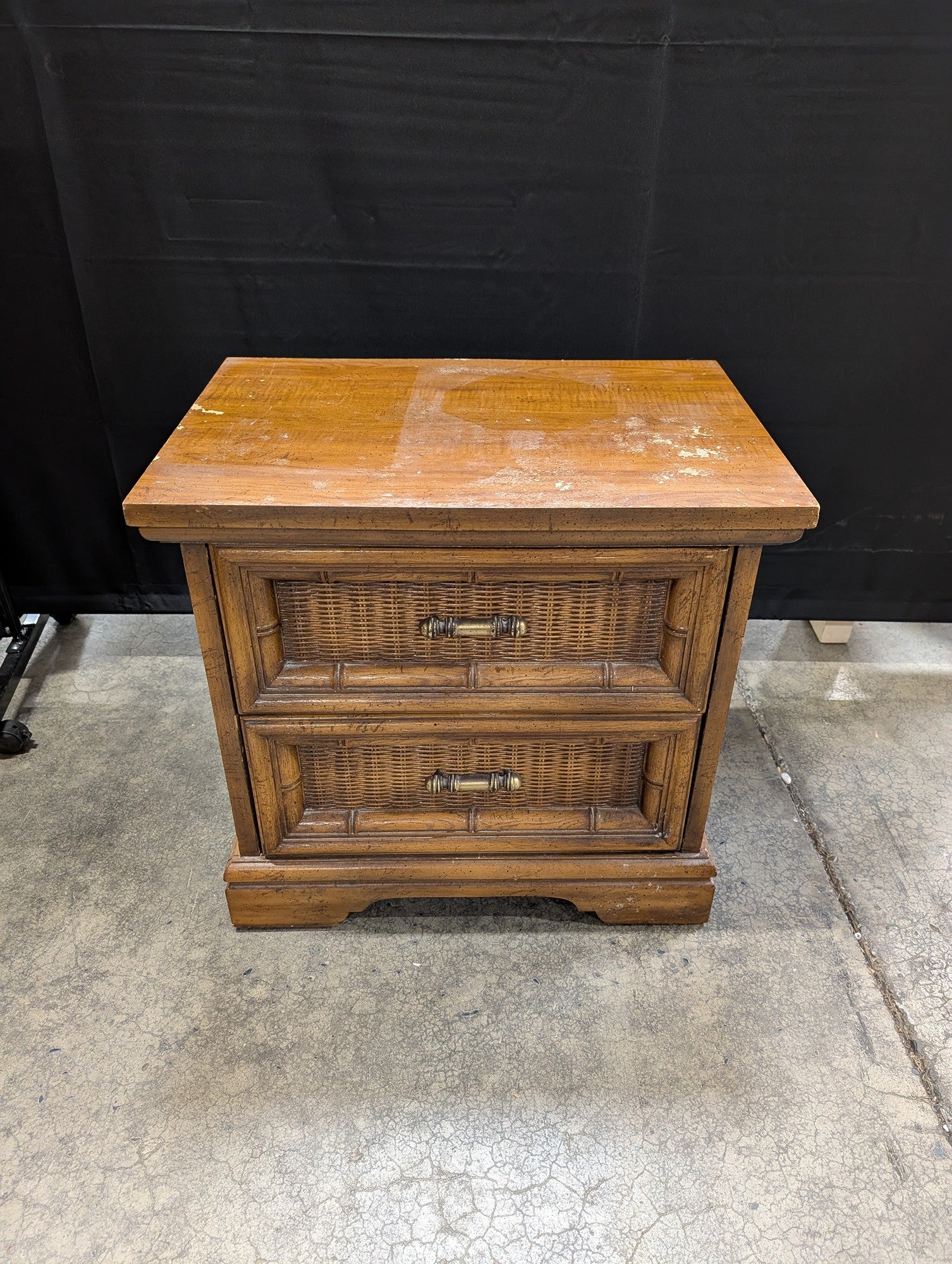 Brown Wood Two-Drawer Nightstand with Rattan Fronts