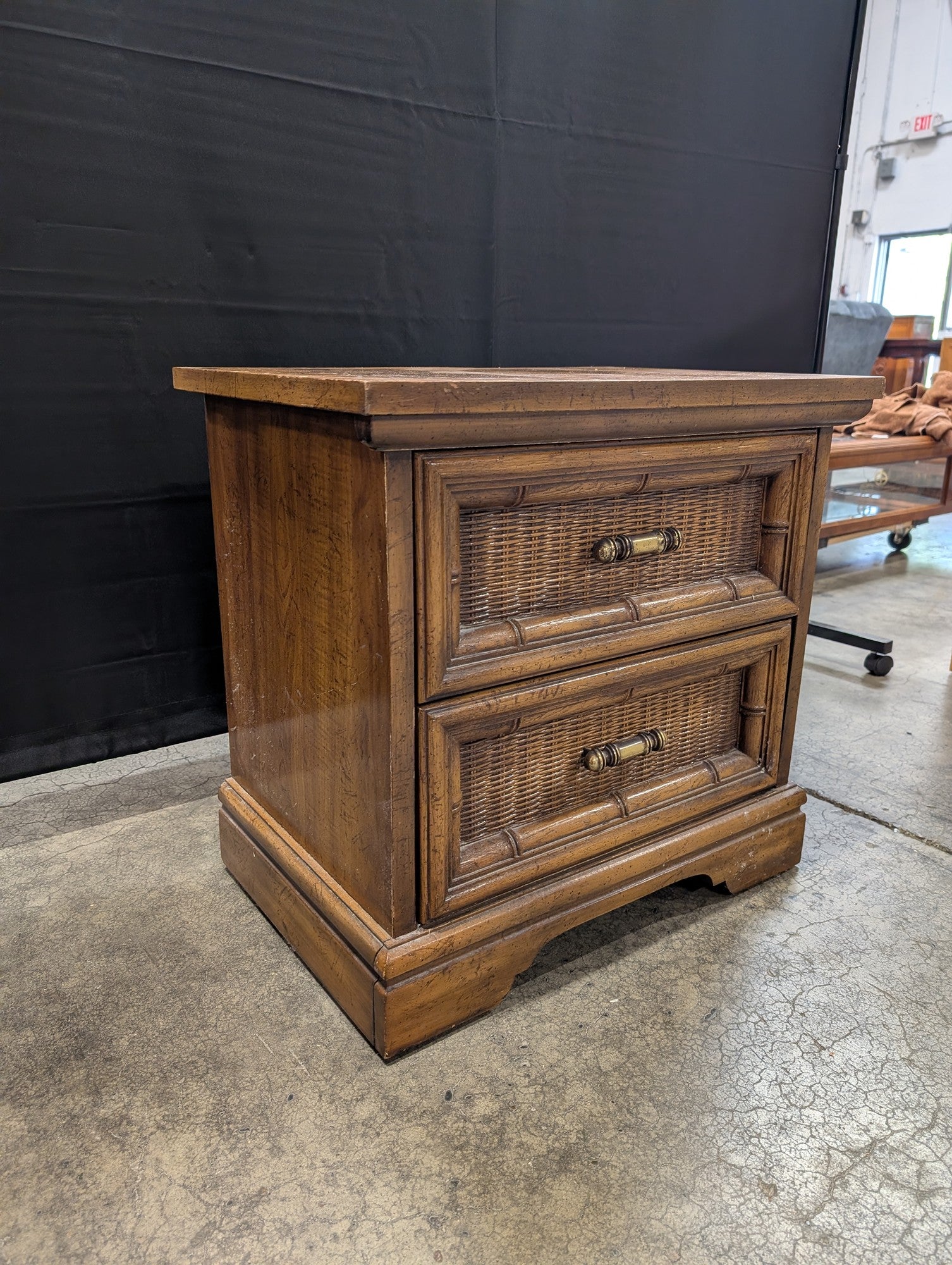 Brown Wood Two-Drawer Nightstand with Rattan Fronts
