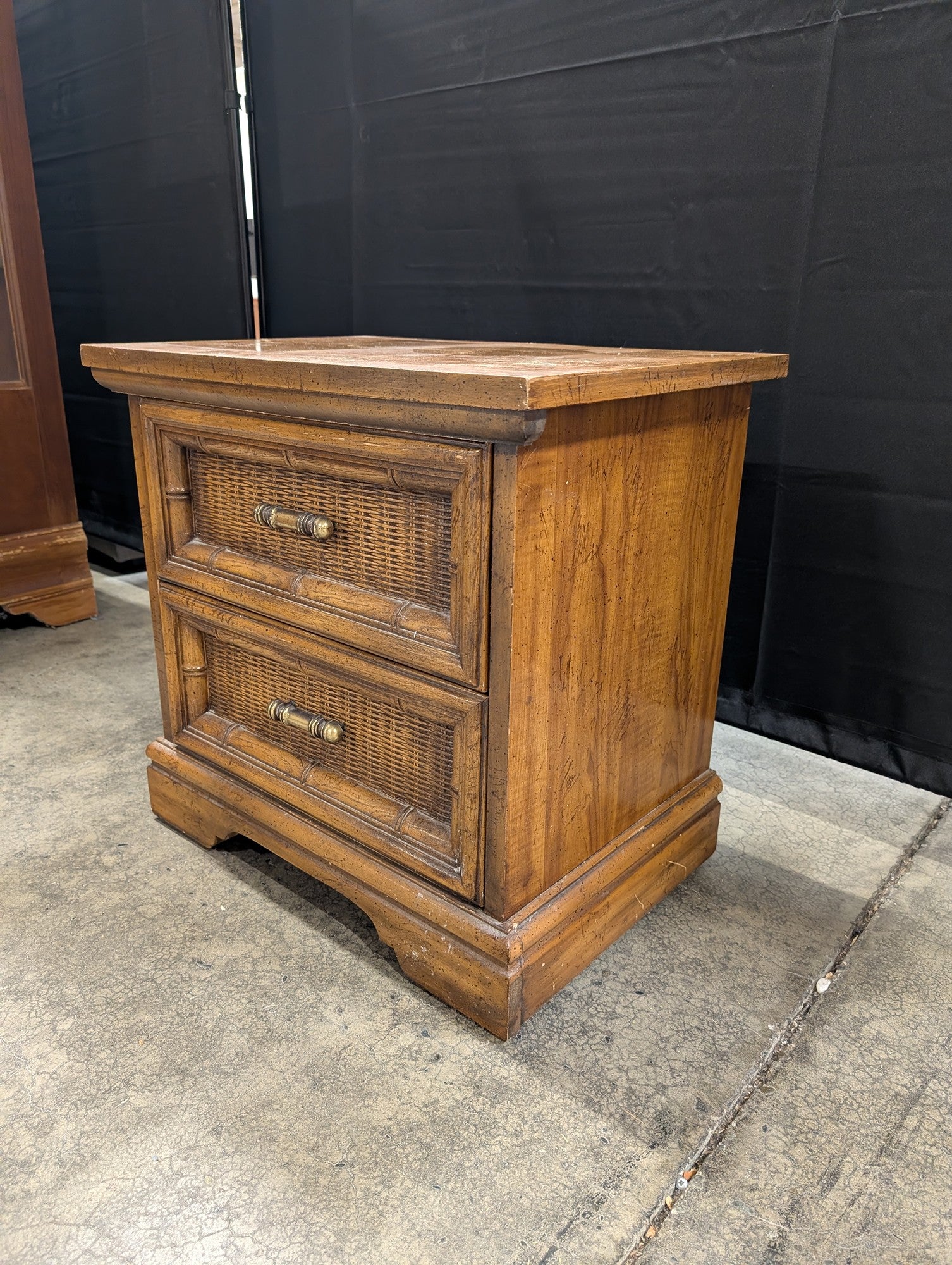 Brown Wood Two-Drawer Nightstand with Rattan Fronts