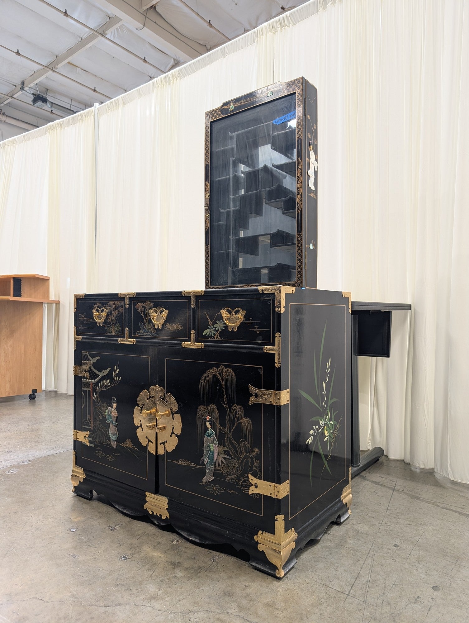 Black Chinoiserie Lacquered Wood China Cabinet with Gold Accents