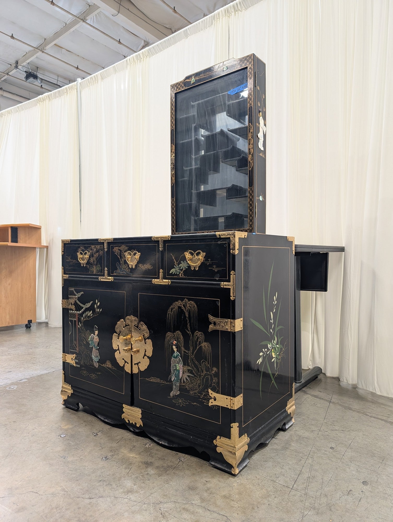 Black Chinoiserie Lacquered Wood China Cabinet with Gold Accents