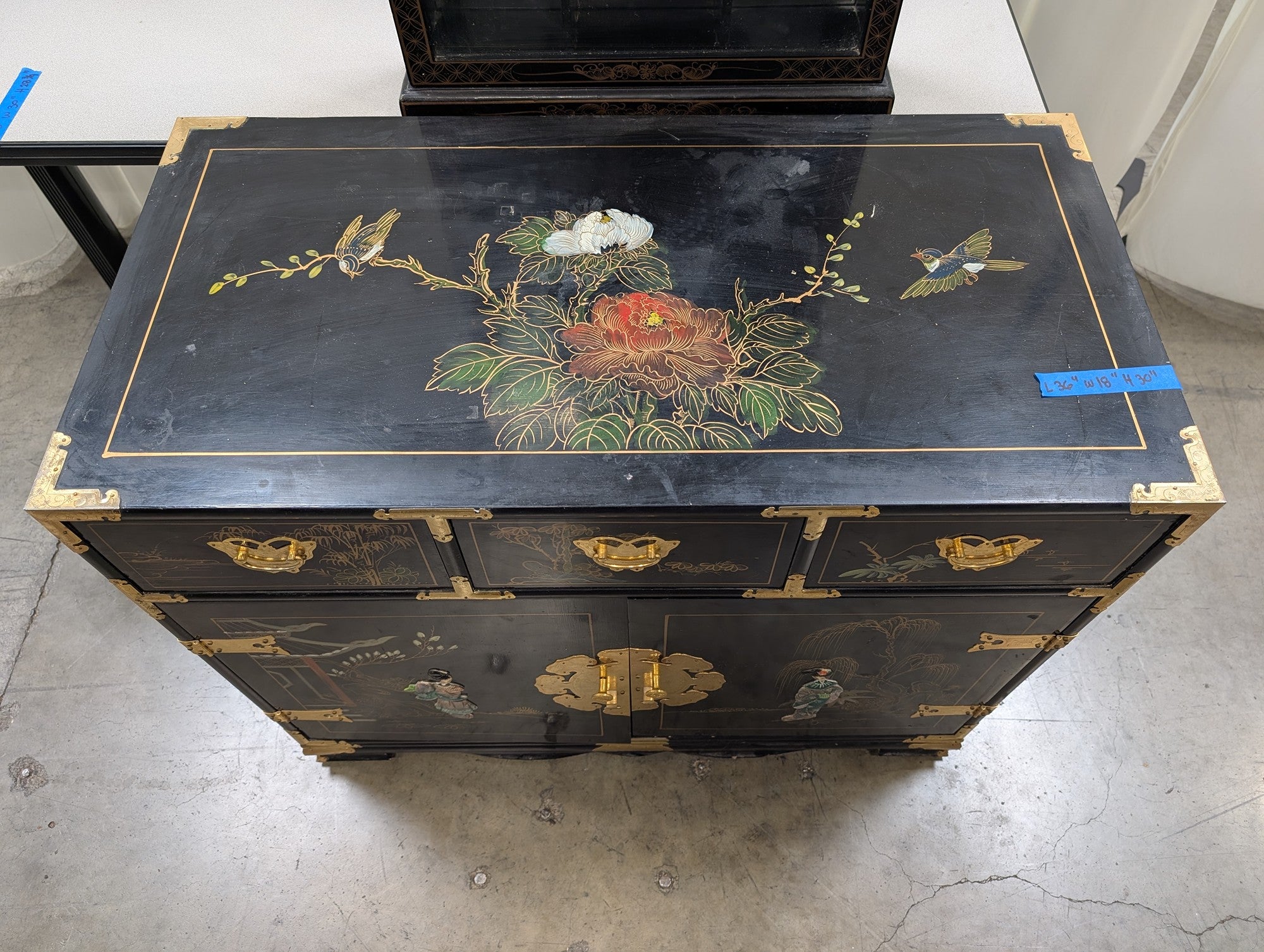 Black Chinoiserie Lacquered Wood China Cabinet with Gold Accents