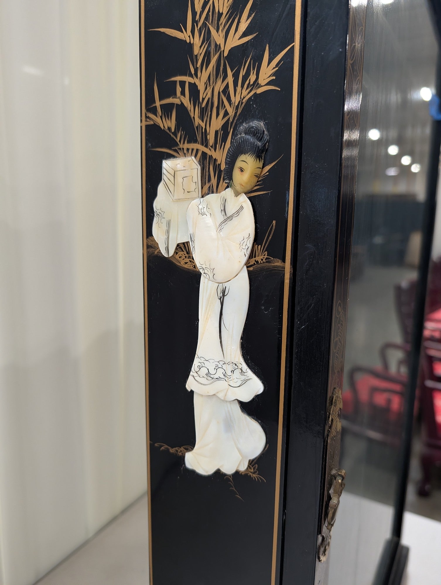 Black Chinoiserie Lacquered Wood China Cabinet with Gold Accents