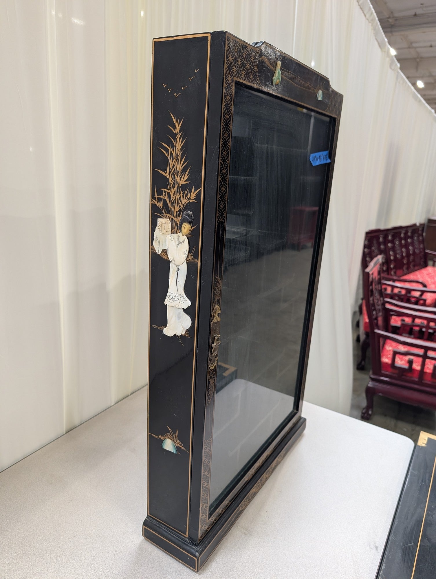 Black Chinoiserie Lacquered Wood China Cabinet with Gold Accents