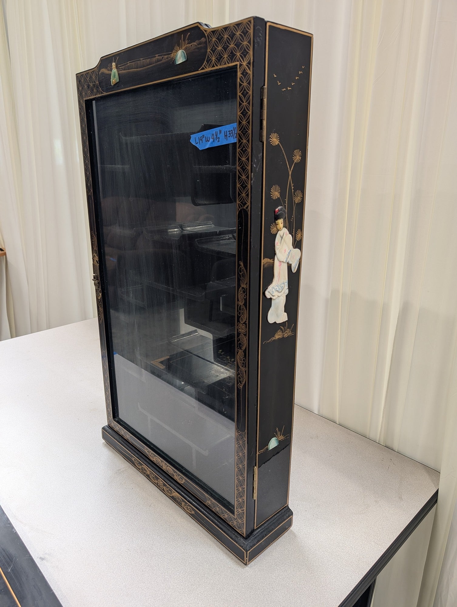 Black Chinoiserie Lacquered Wood China Cabinet with Gold Accents