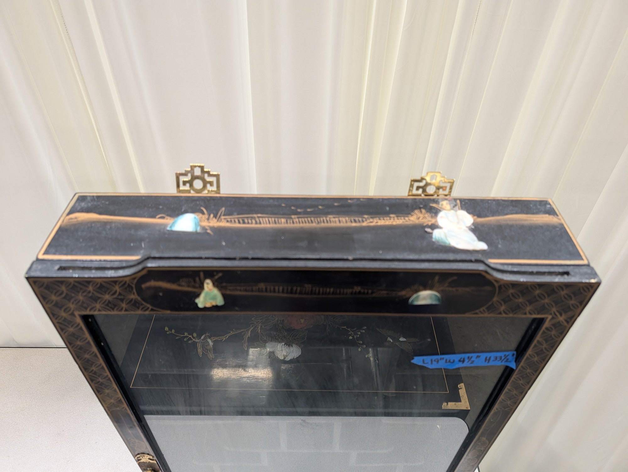 Black Chinoiserie Lacquered Wood China Cabinet with Gold Accents