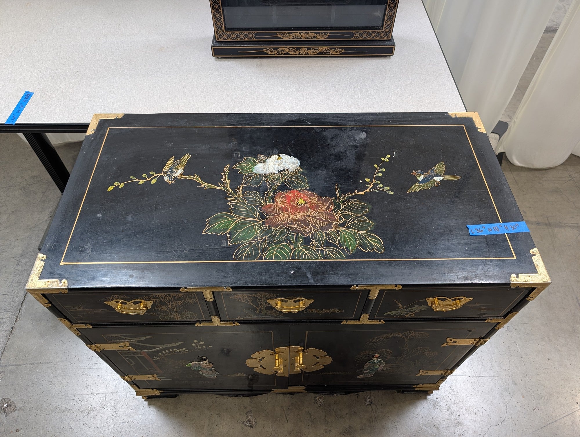Black Chinoiserie Lacquered Wood China Cabinet with Gold Accents