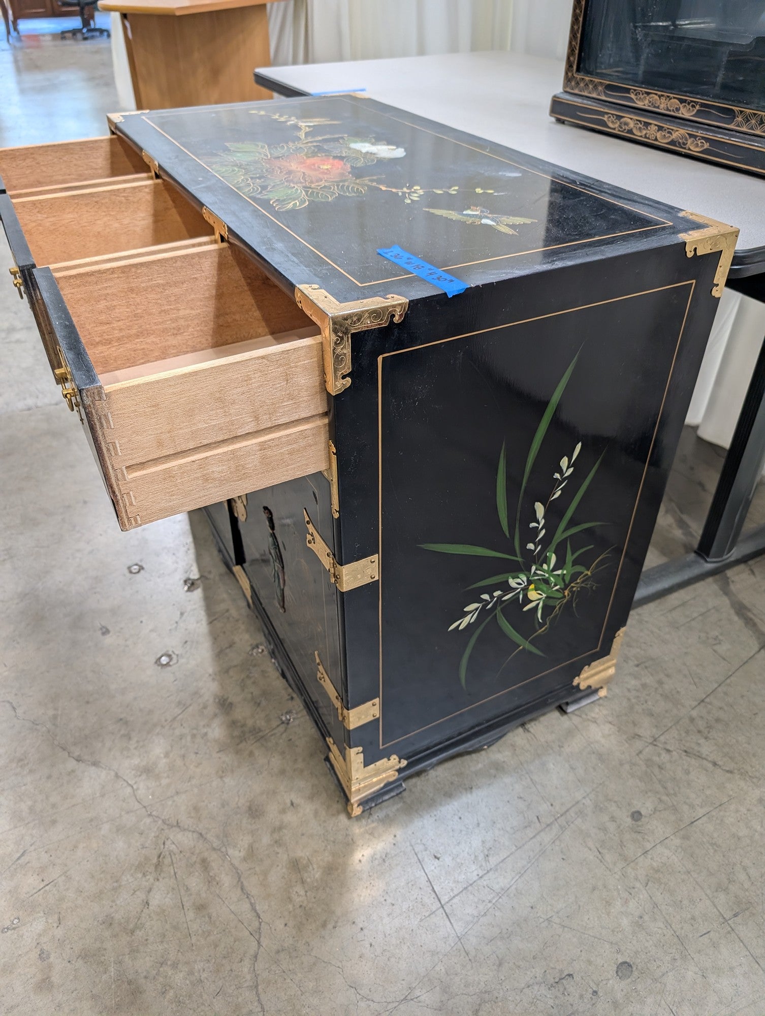 Black Chinoiserie Lacquered Wood China Cabinet with Gold Accents