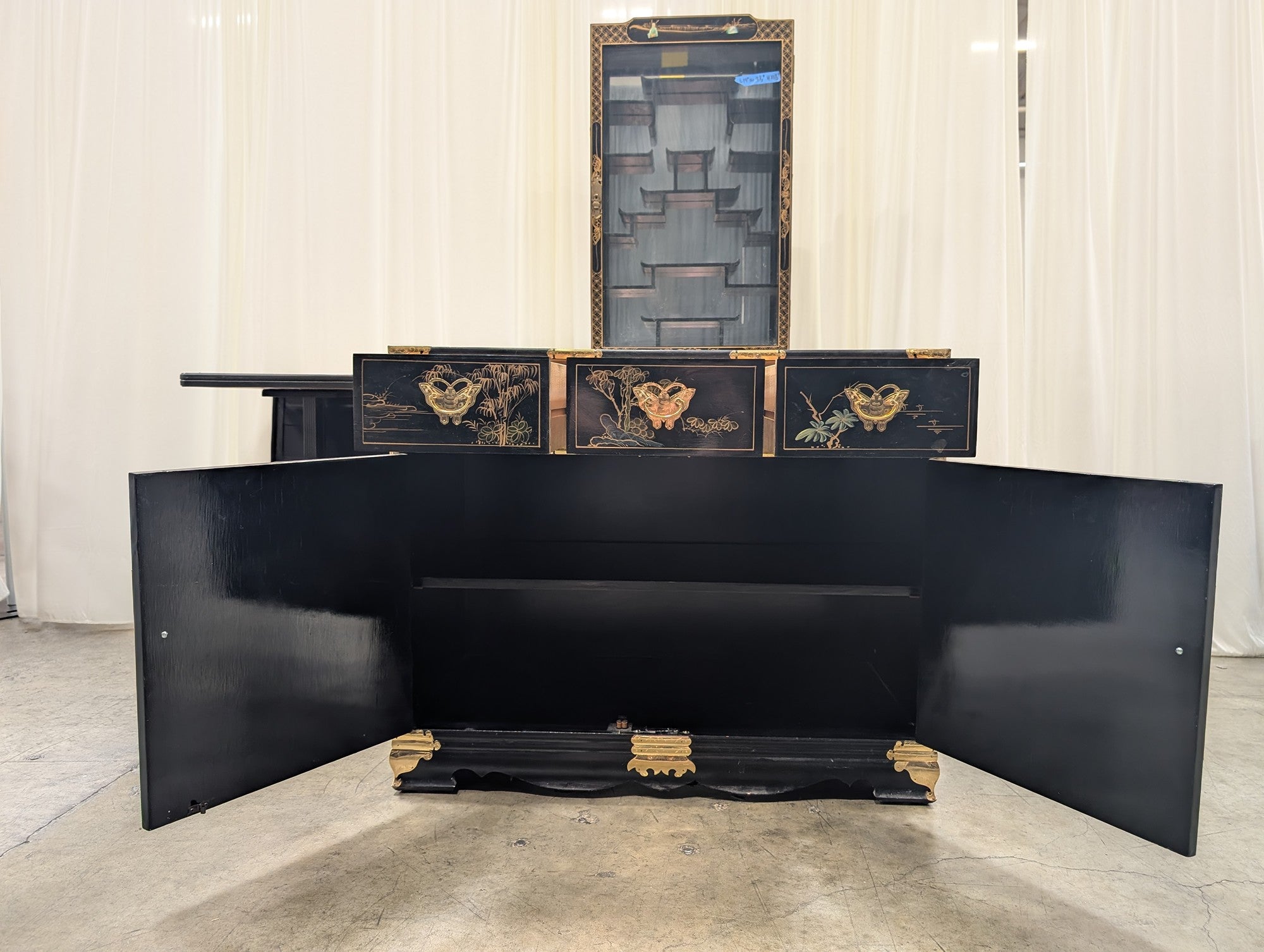 Black Chinoiserie Lacquered Wood China Cabinet with Gold Accents