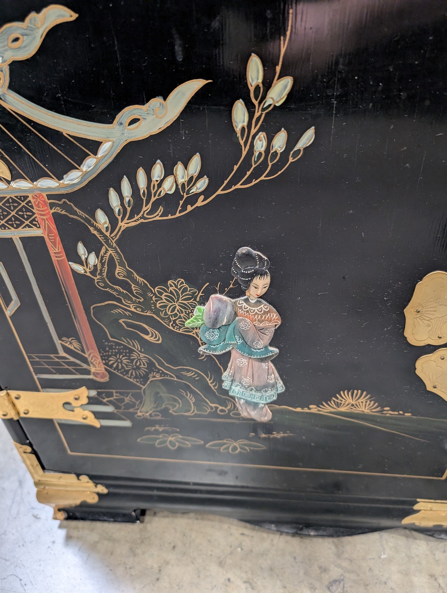 Black Chinoiserie Lacquered Wood China Cabinet with Gold Accents