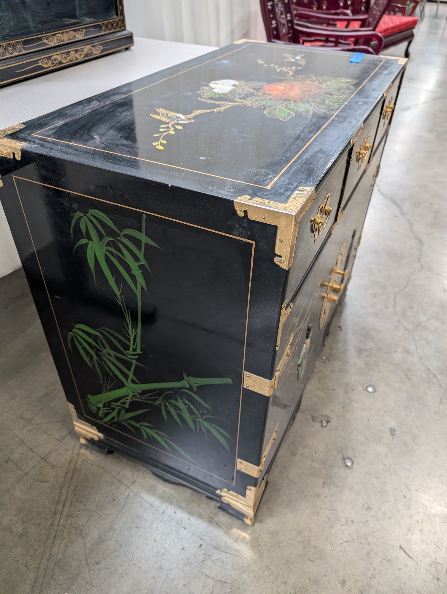Black Chinoiserie Lacquered Wood China Cabinet with Gold Accents