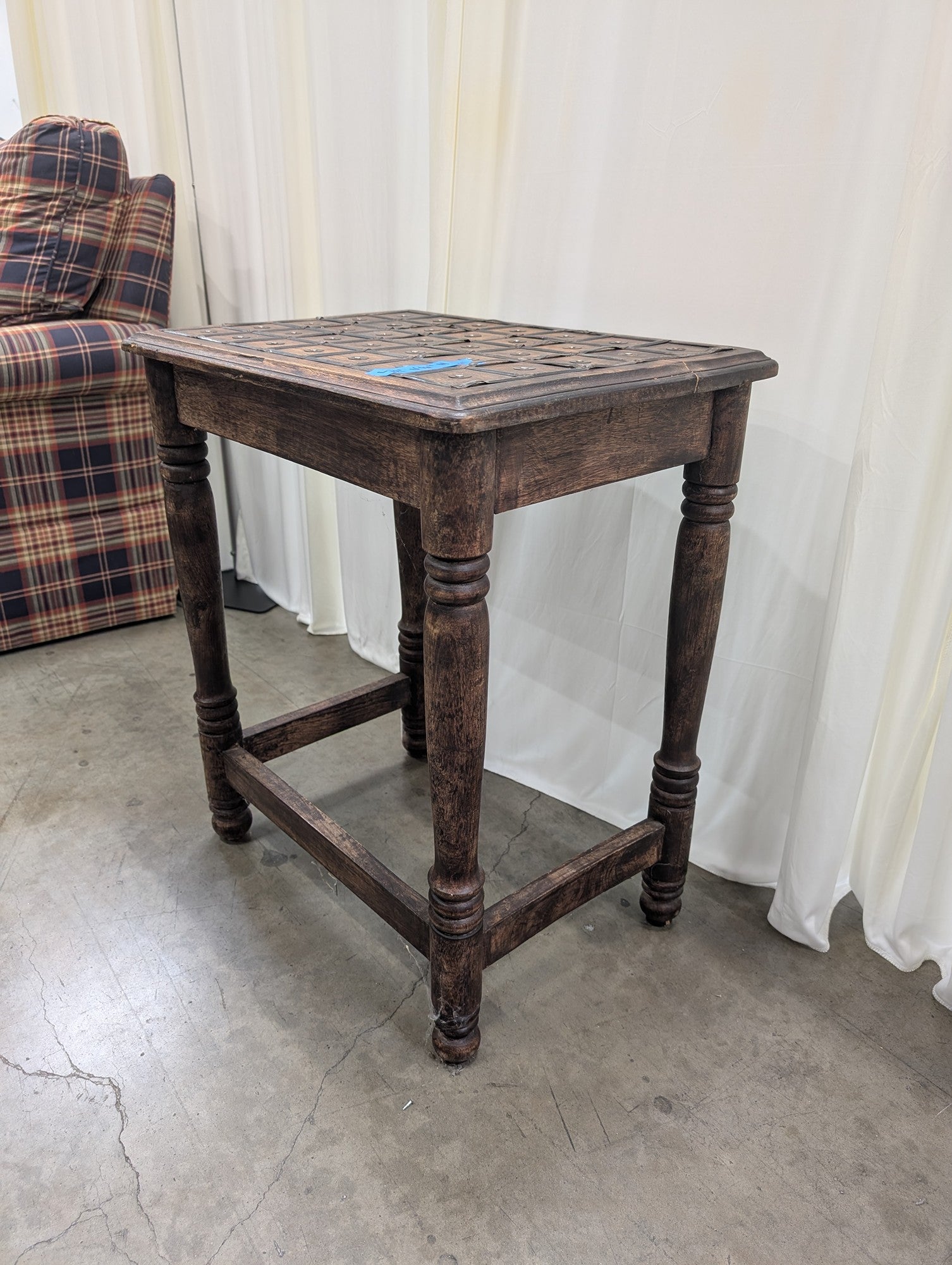 Dark Wood Square End Table with Metal Accents