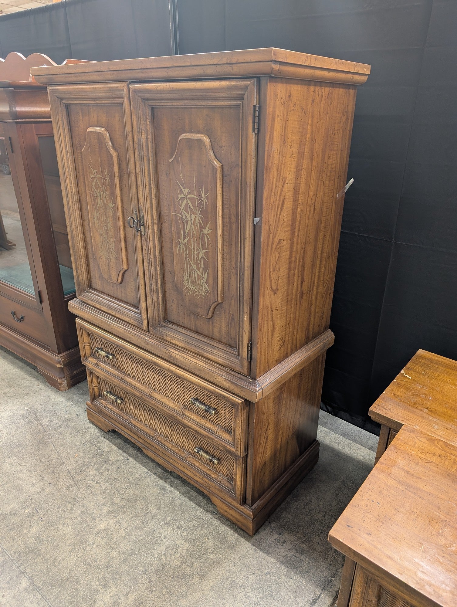 Brown Wood Chinoiserie Armoire with Rattan Drawers