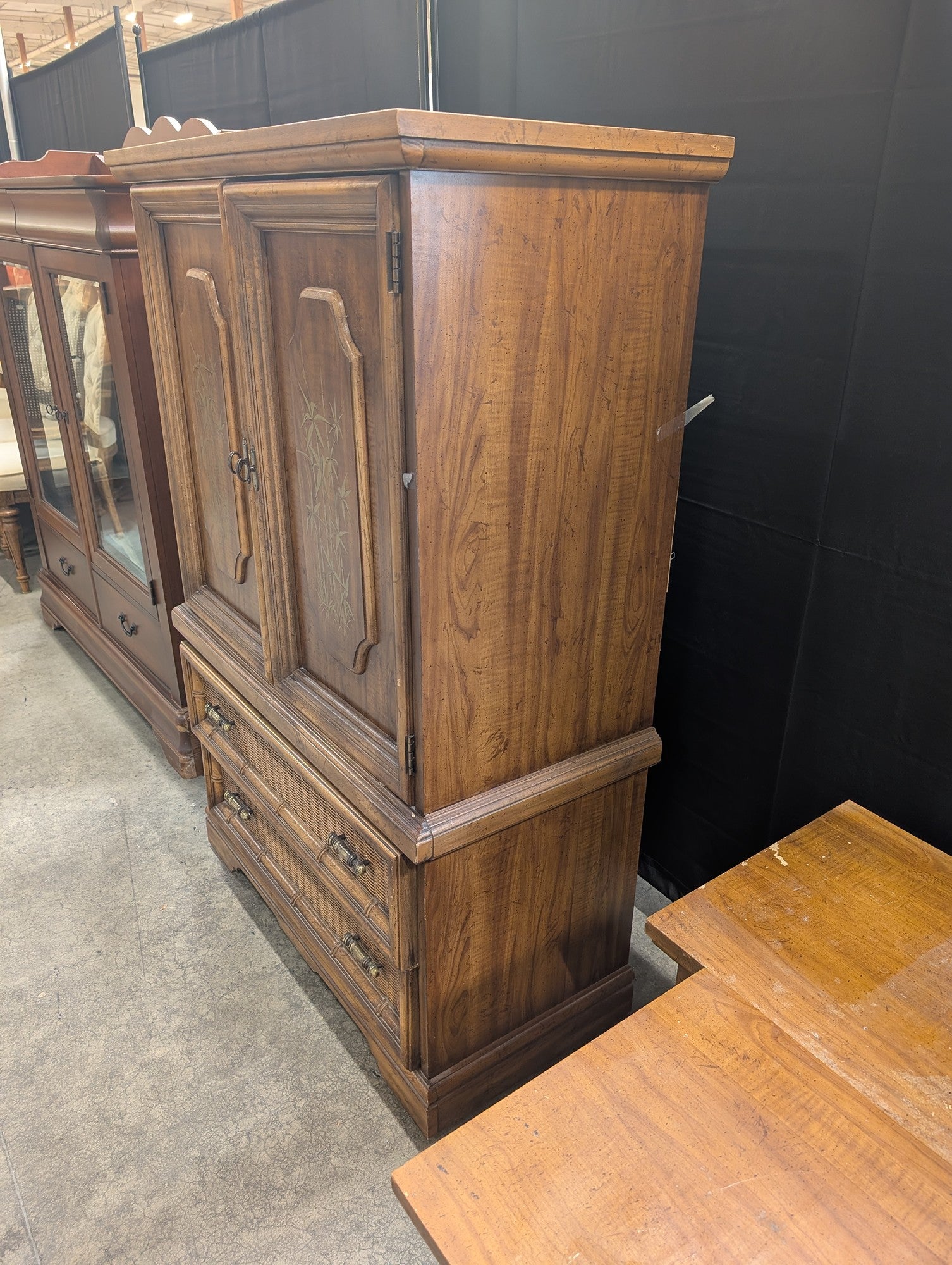 Brown Wood Chinoiserie Armoire with Rattan Drawers