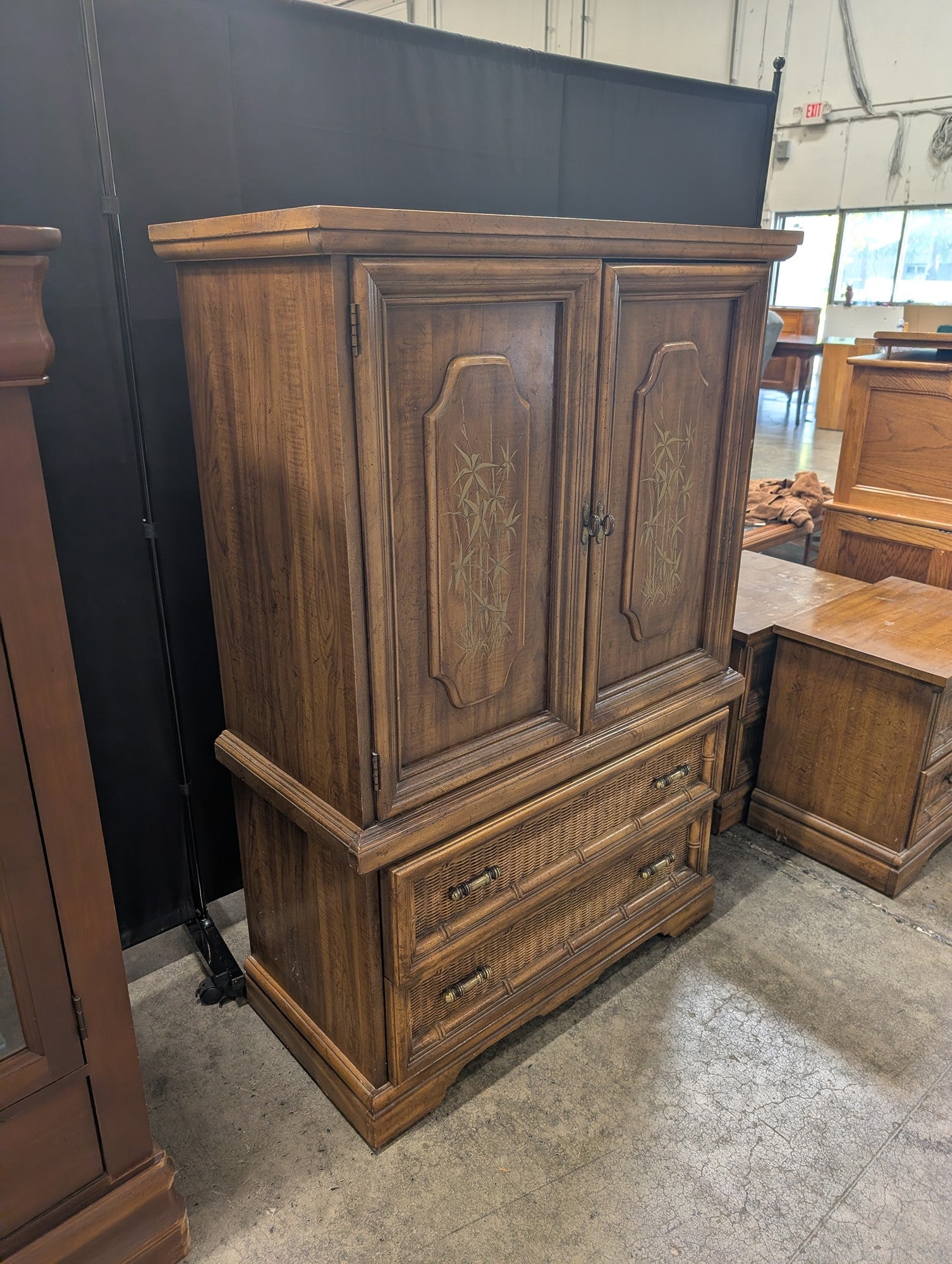 Brown Wood Chinoiserie Armoire with Rattan Drawers