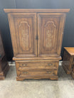 Brown Wood Chinoiserie Armoire with Rattan Drawers