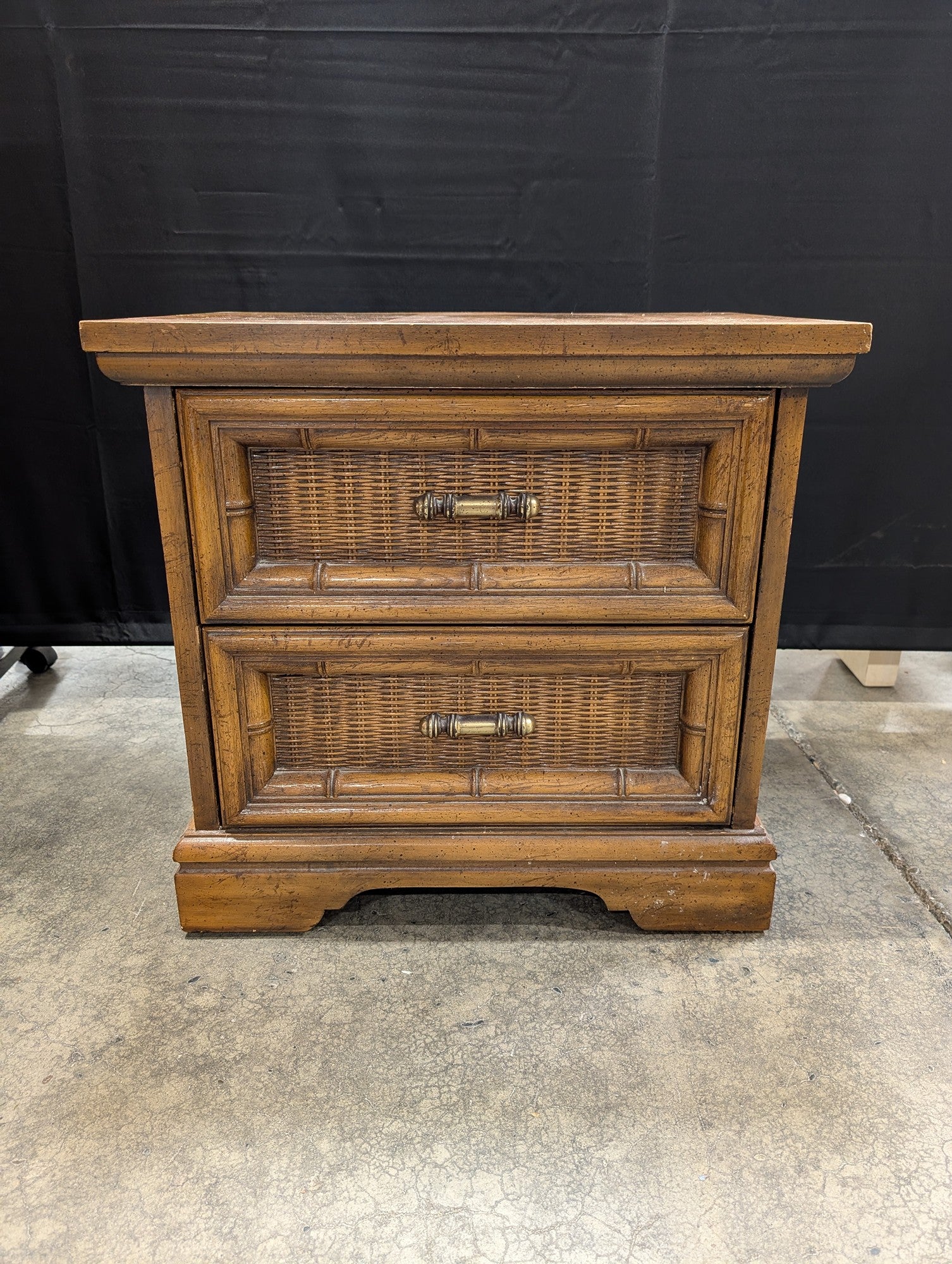 Brown Wood Two-Drawer Nightstand with Rattan Fronts