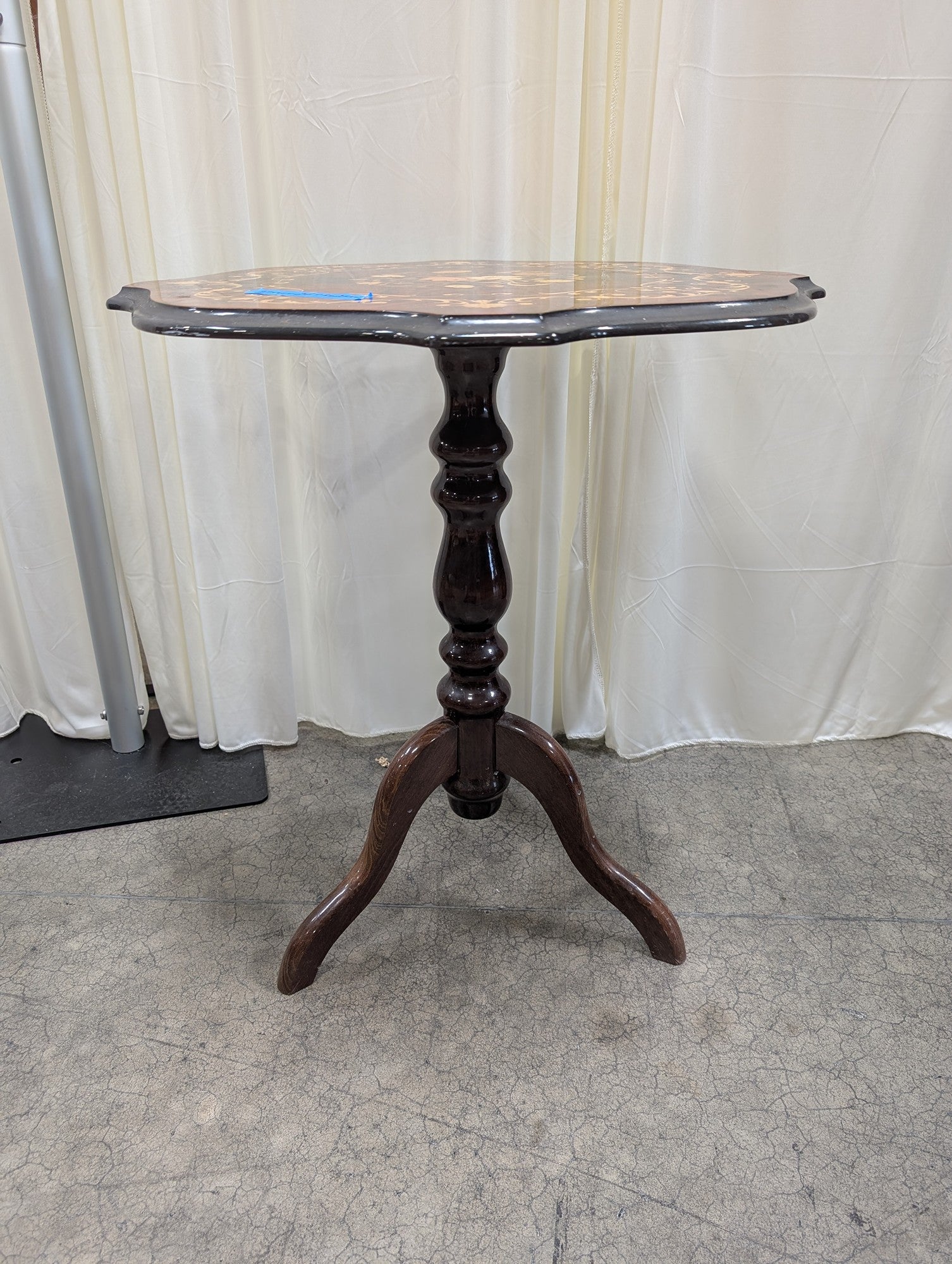 Ornate Inlaid Dark Wood Scalloped End Table