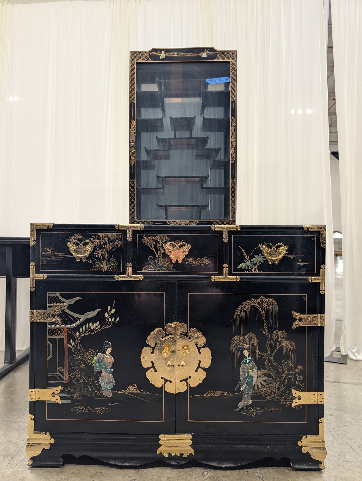 Black Chinoiserie Lacquered Wood China Cabinet with Gold Accents