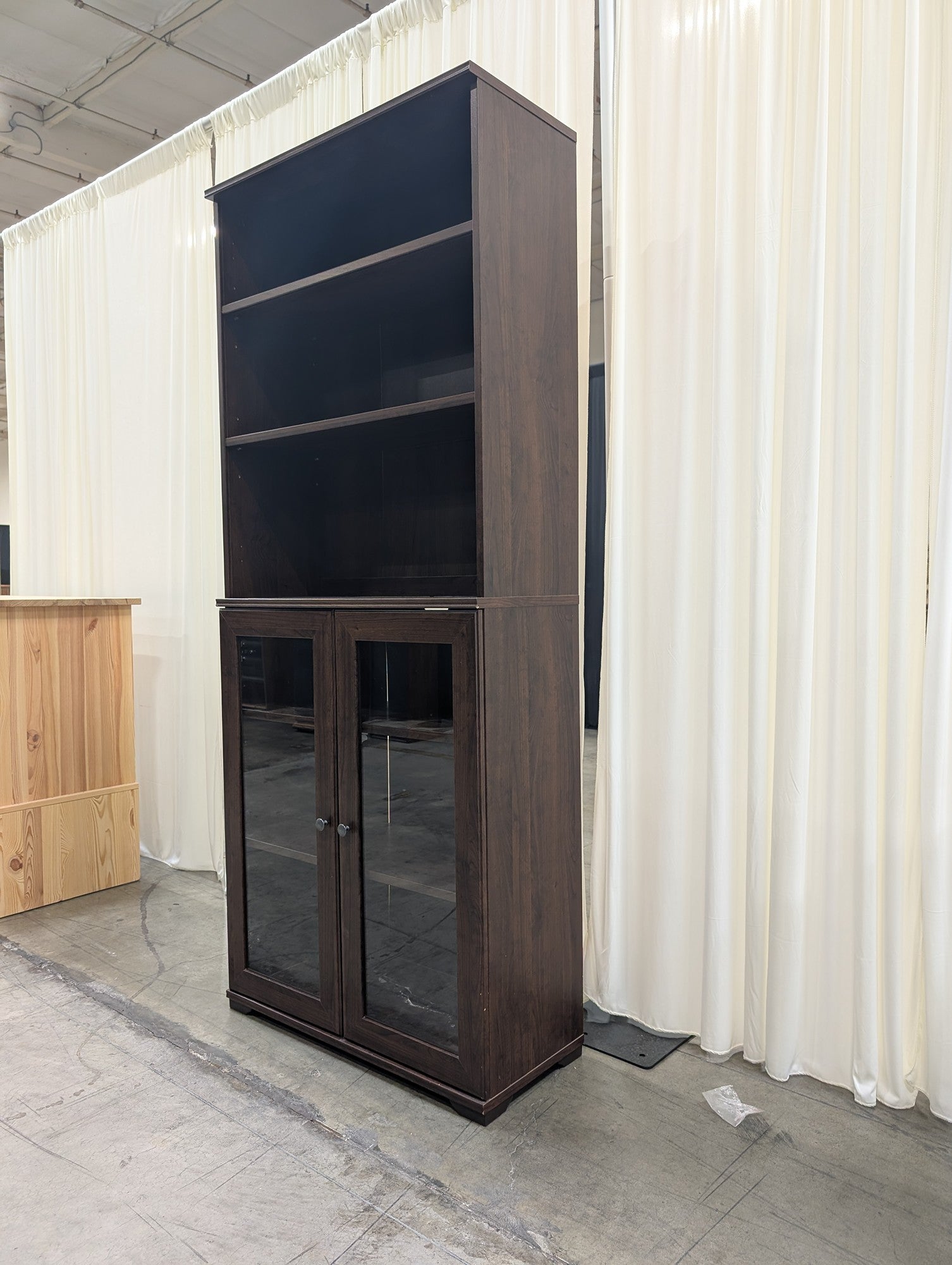 Dark Wood Open Shelf Bookcase with Glass Doors