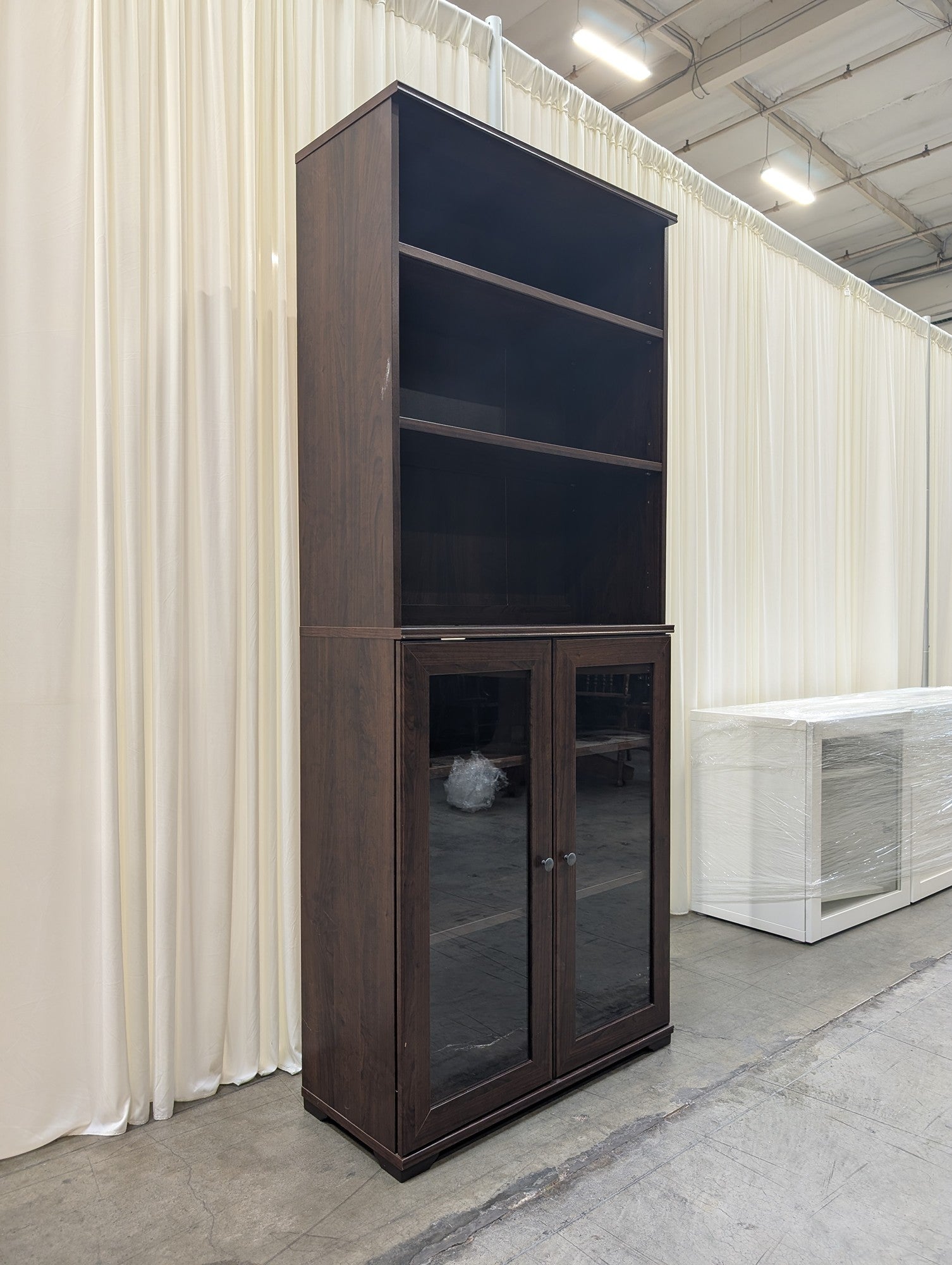 Dark Wood Open Shelf Bookcase with Glass Doors